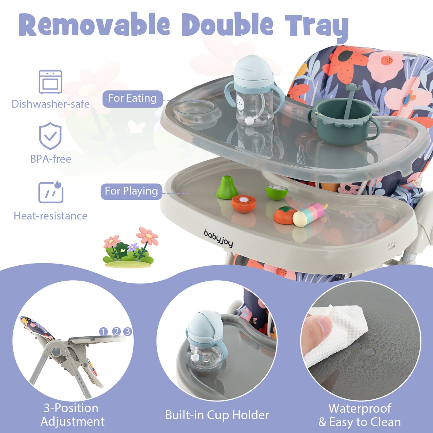 Baby High Chair w/ 7 Height & 3 Footrest Adjustable Cup holder 2 Wheels Flower