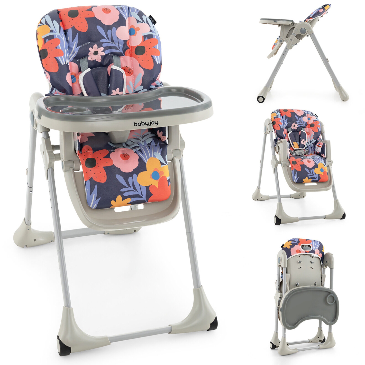 Baby High Chair w/ 7 Height & 3 Footrest Adjustable Cup holder 2 Wheels Flower