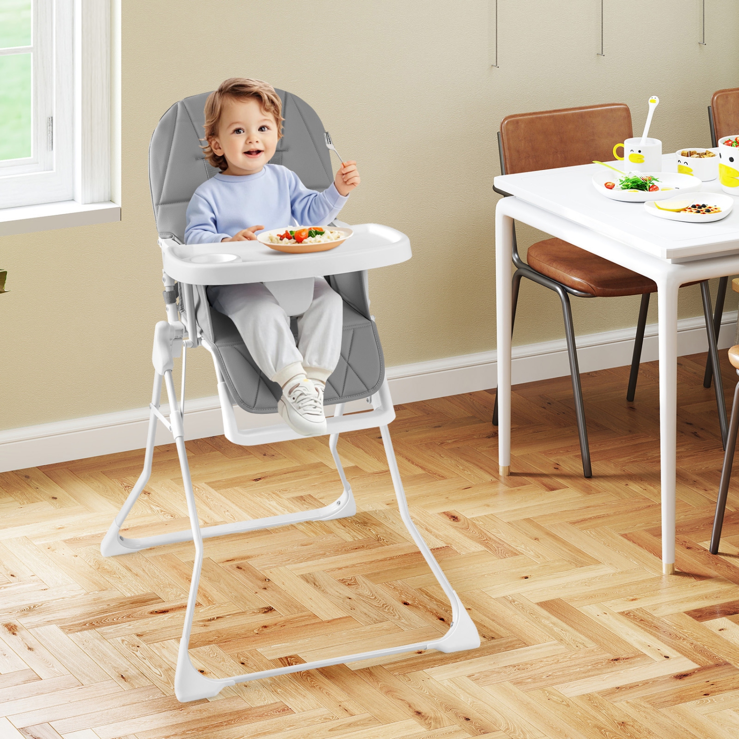 Gymax Foldable High Chair Easy Clean Compact Highchair w/ Removable Adjustable Tray