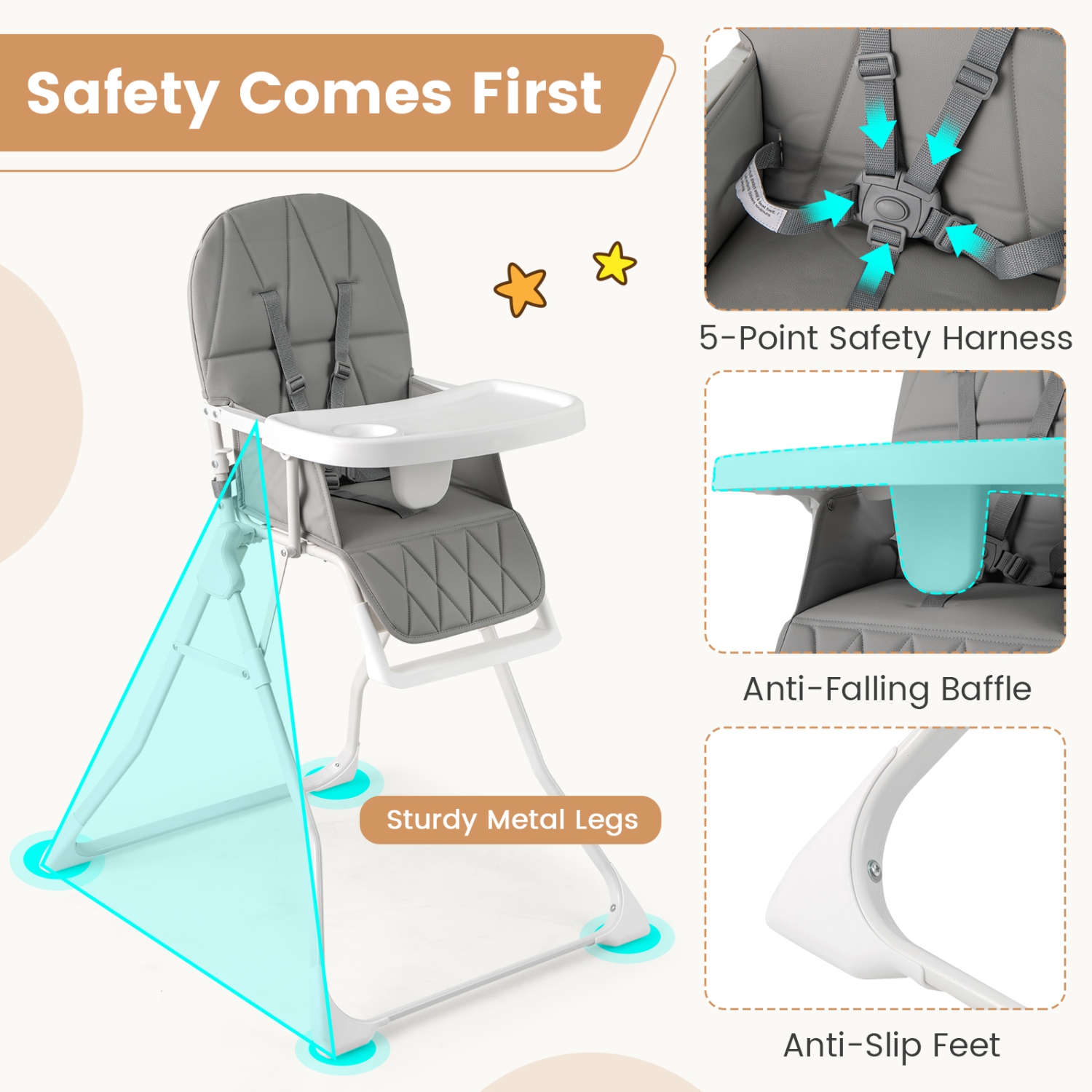 Gymax Foldable High Chair Easy Clean Compact Highchair w/ Removable Adjustable Tray