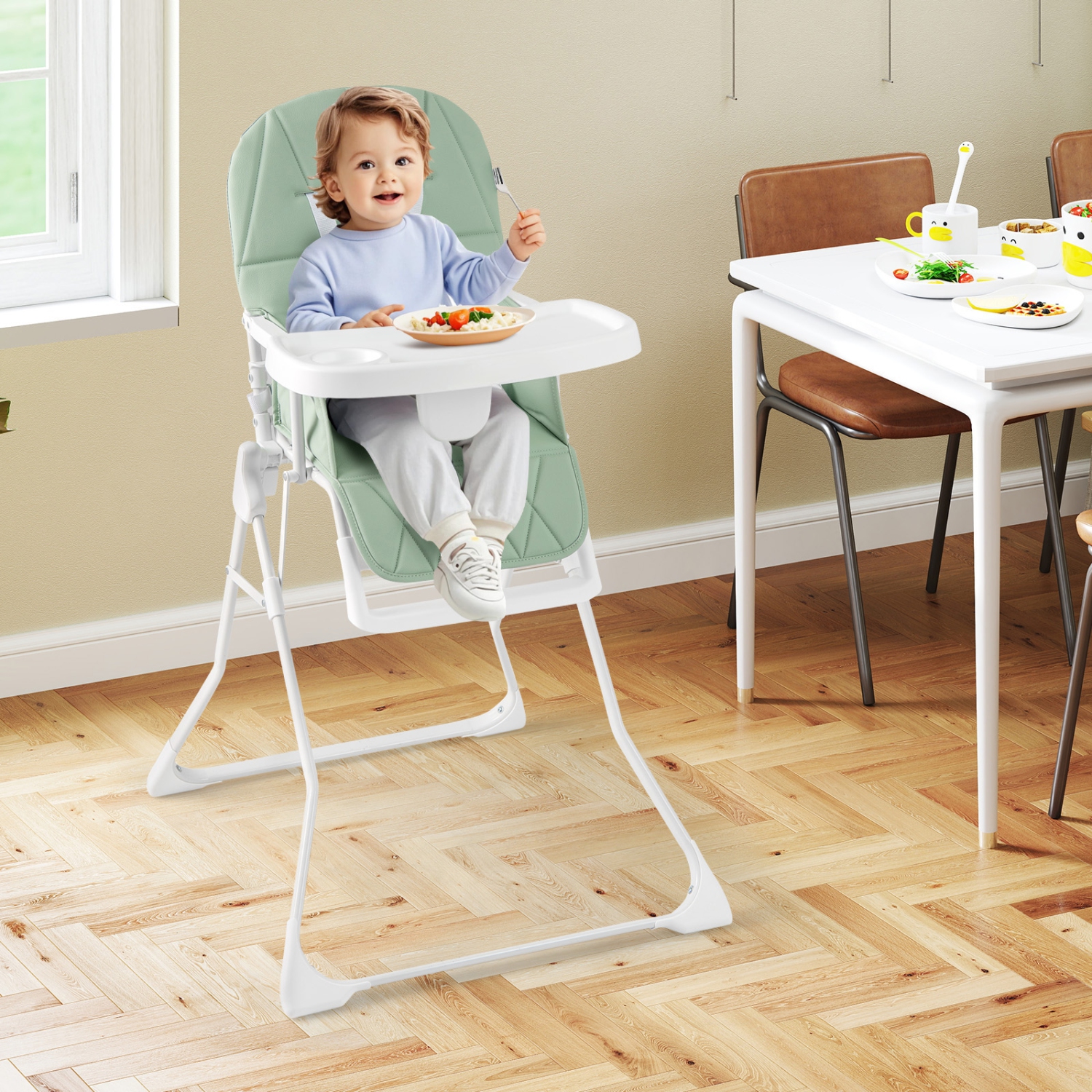 Gymax Foldable High Chair Easy Clean Compact Highchair w/ Removable Adjustable Tray