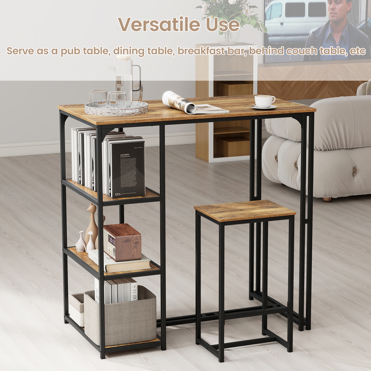 Gymax 3-Piece Bar Table Set 2 Person Dining Furniture Set w/2 Stools 3 Storage Shelves