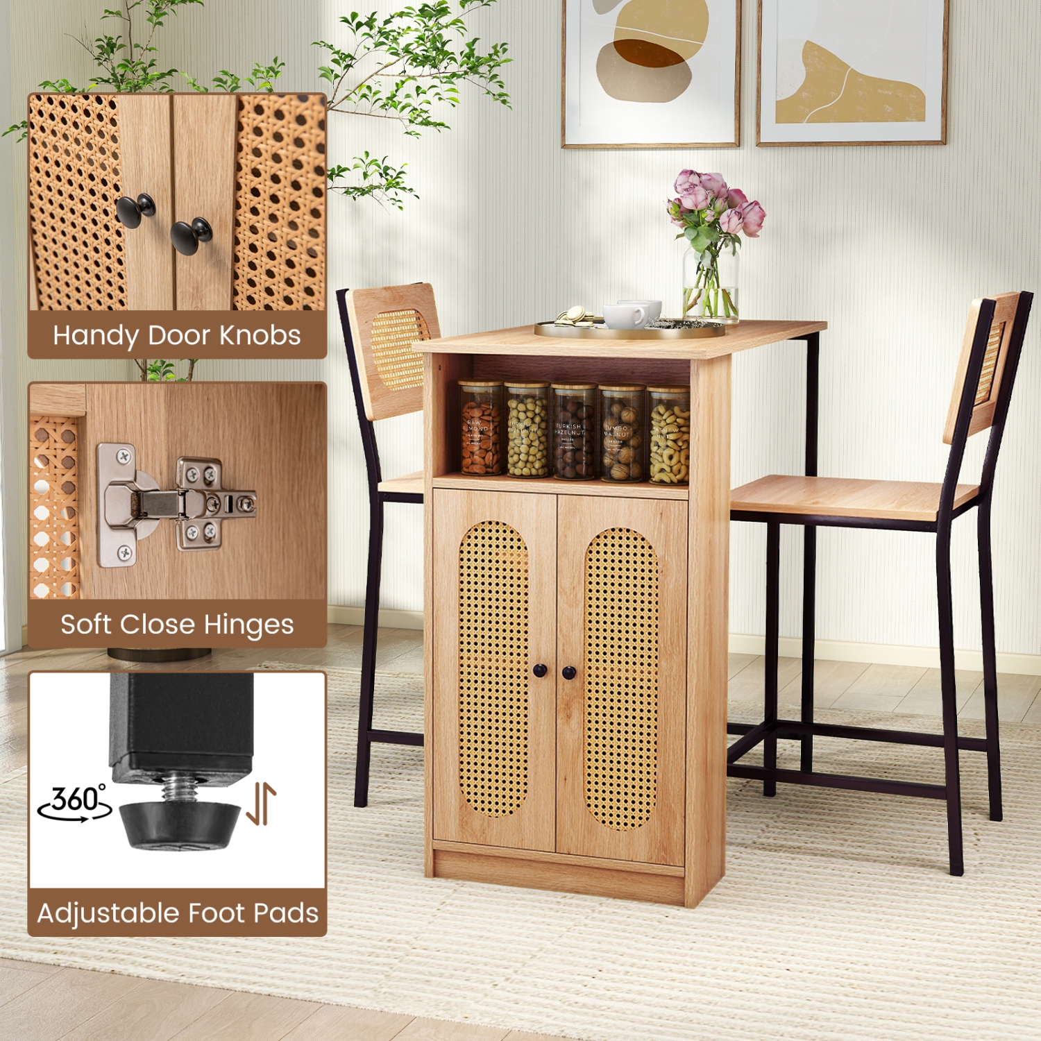 Gymax 3 PCS Bar Table and Chairs Set w/ 2 Bar Stools & Storage Shelves Backrests