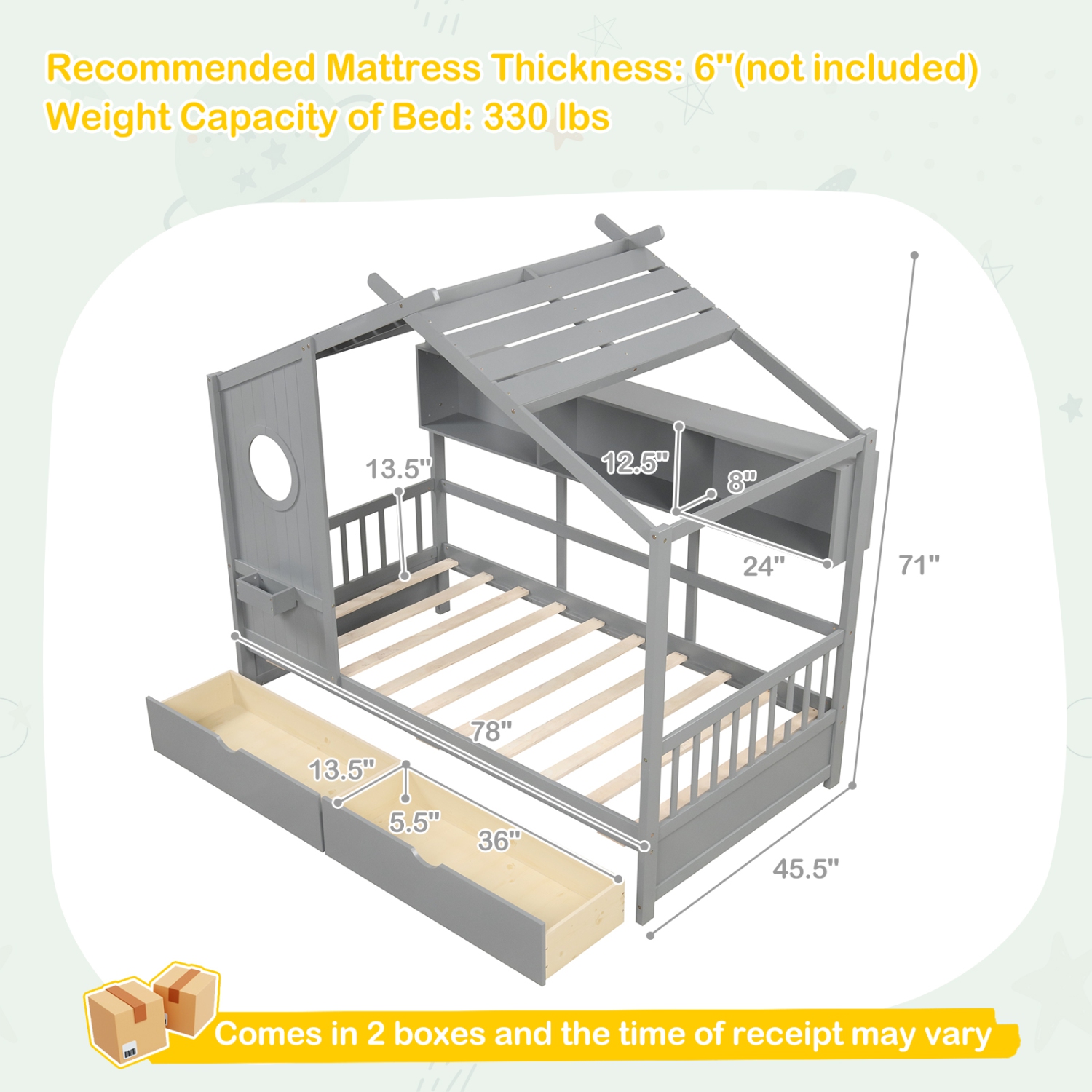 Gymax Twin Size House Bed Kids Bed Frame w/ 2 Storage Drawers & Fence Guardrails