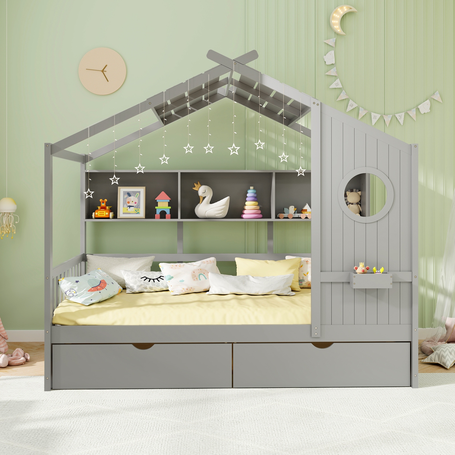 Gymax Twin Size House Bed Kids Bed Frame w/ 2 Storage Drawers & Fence Guardrails