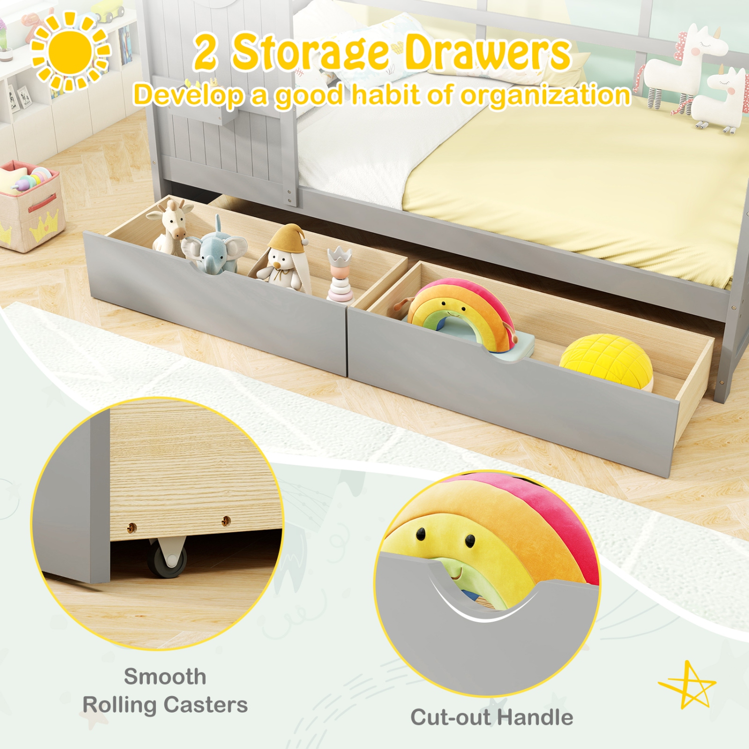 Gymax Twin Size House Bed Kids Bed Frame w/ 2 Storage Drawers & Fence Guardrails