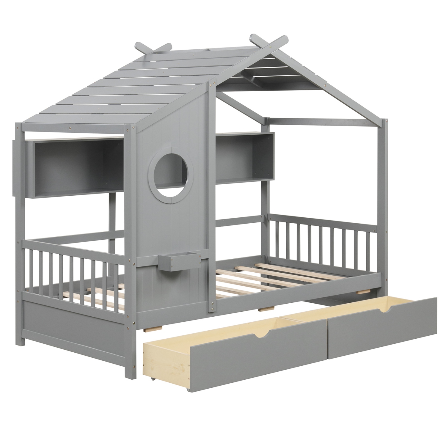 Gymax Twin Size House Bed Kids Bed Frame w/ 2 Storage Drawers & Fence Guardrails