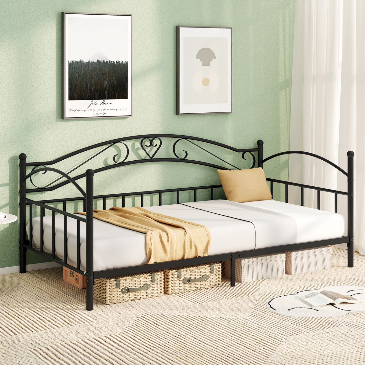 Gymax Twin Size Metal Daybed Frame w/ Headboard Heavy-Duty Metal Slats Support