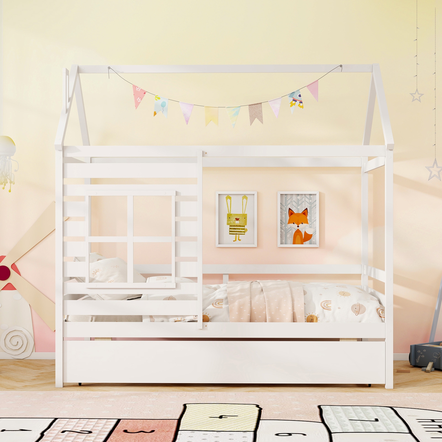 Gymax Twin Size House Bed with Trundle Wooden Platform Bed w/ Roof Chimney & Window