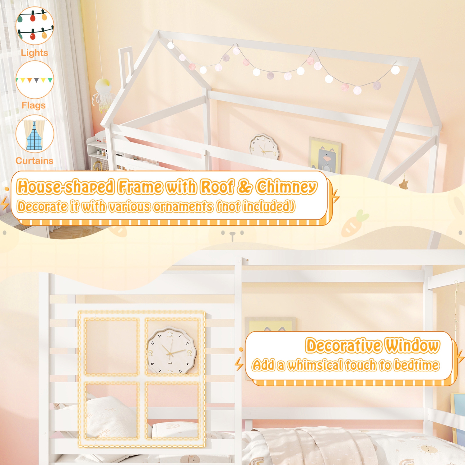 Gymax Twin Size House Bed with Trundle Wooden Platform Bed w/ Roof Chimney & Window