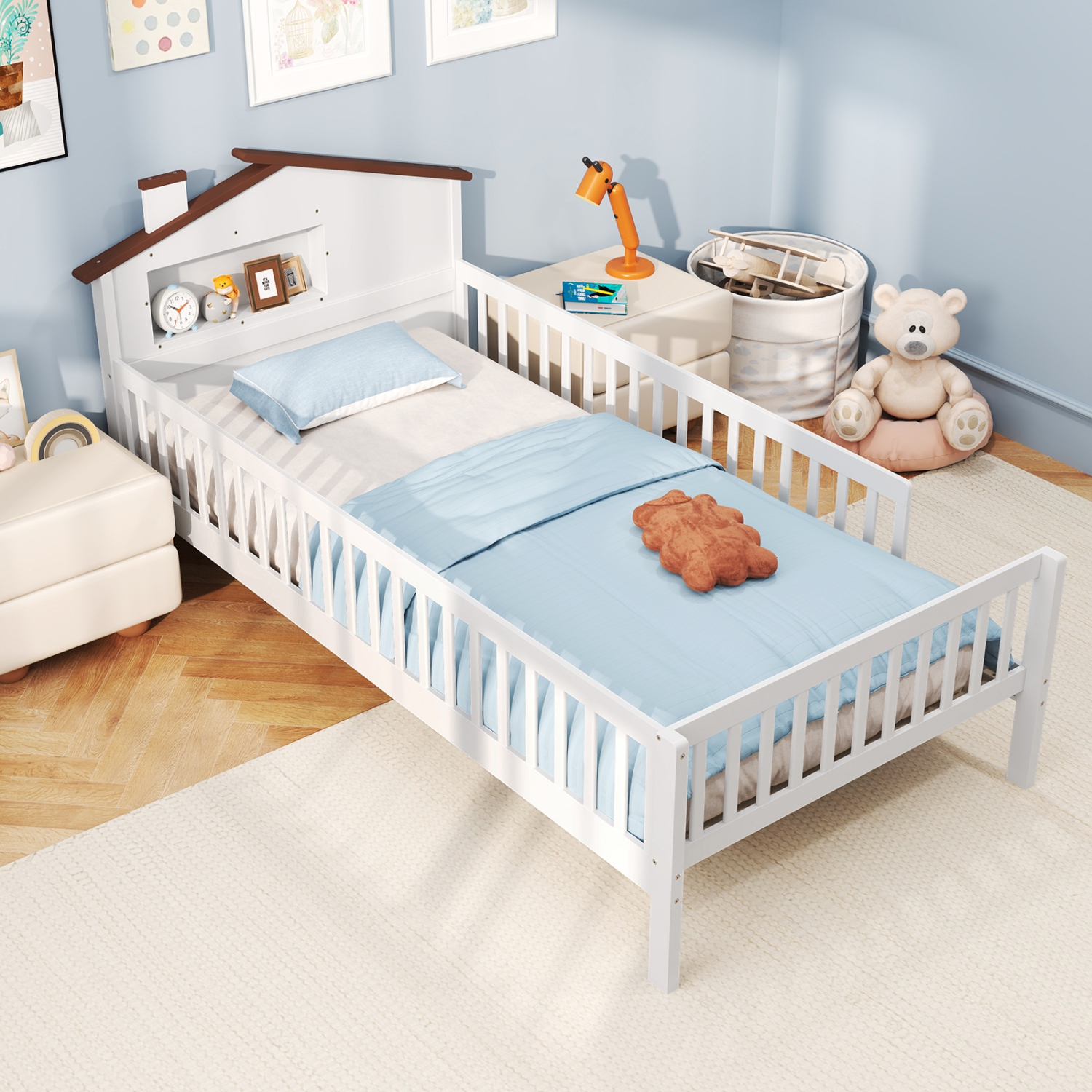 Gymax Twin Size Kids Bed Solid Wood Platform Bed w/ Under-bed Storage & Storage Cube