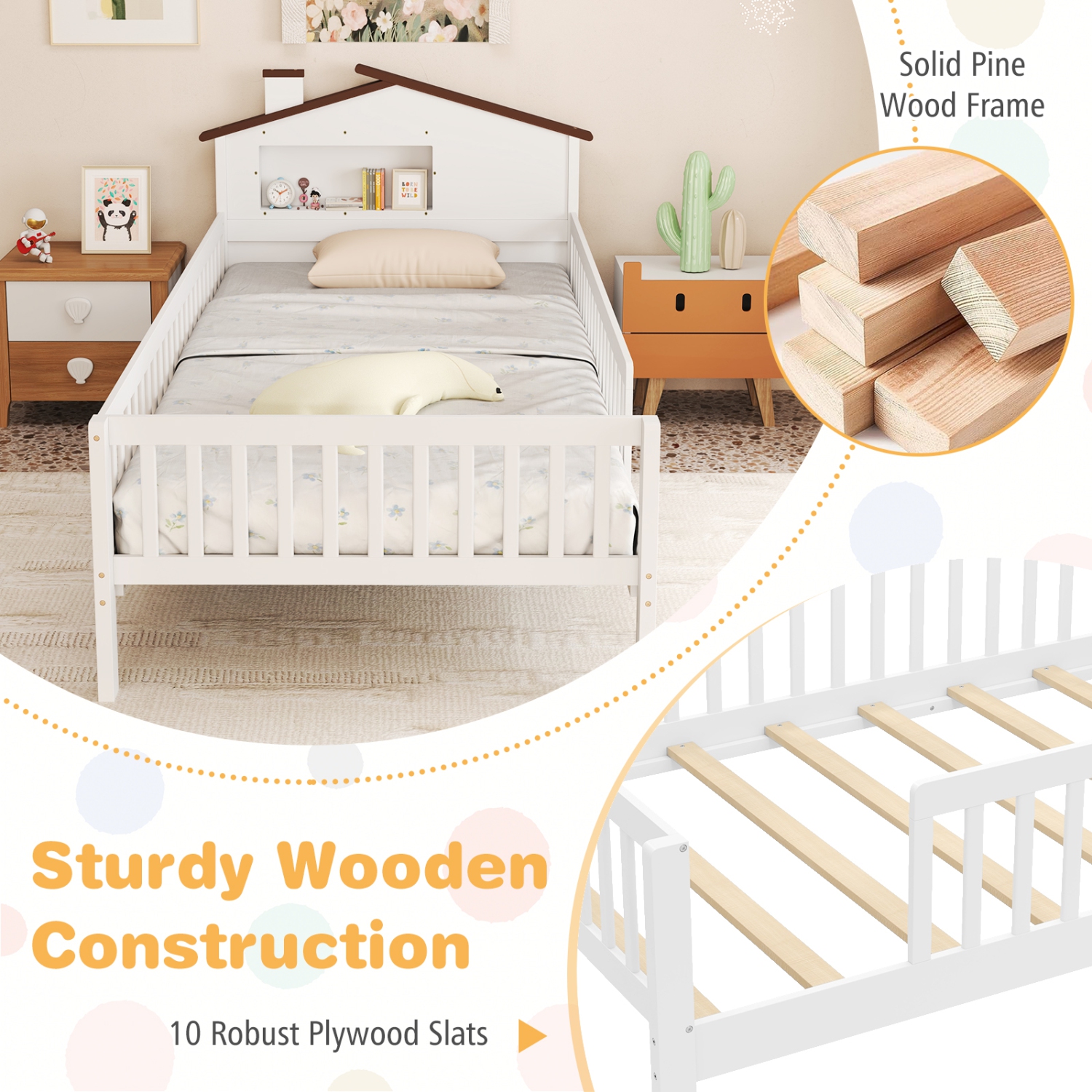 Gymax Twin Size Kids Bed Solid Wood Platform Bed w/ Under-bed Storage & Storage Cube