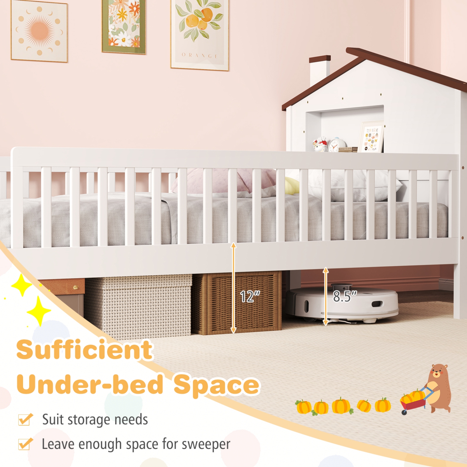 Gymax Twin Size Kids Bed Solid Wood Platform Bed w/ Under-bed Storage & Storage Cube