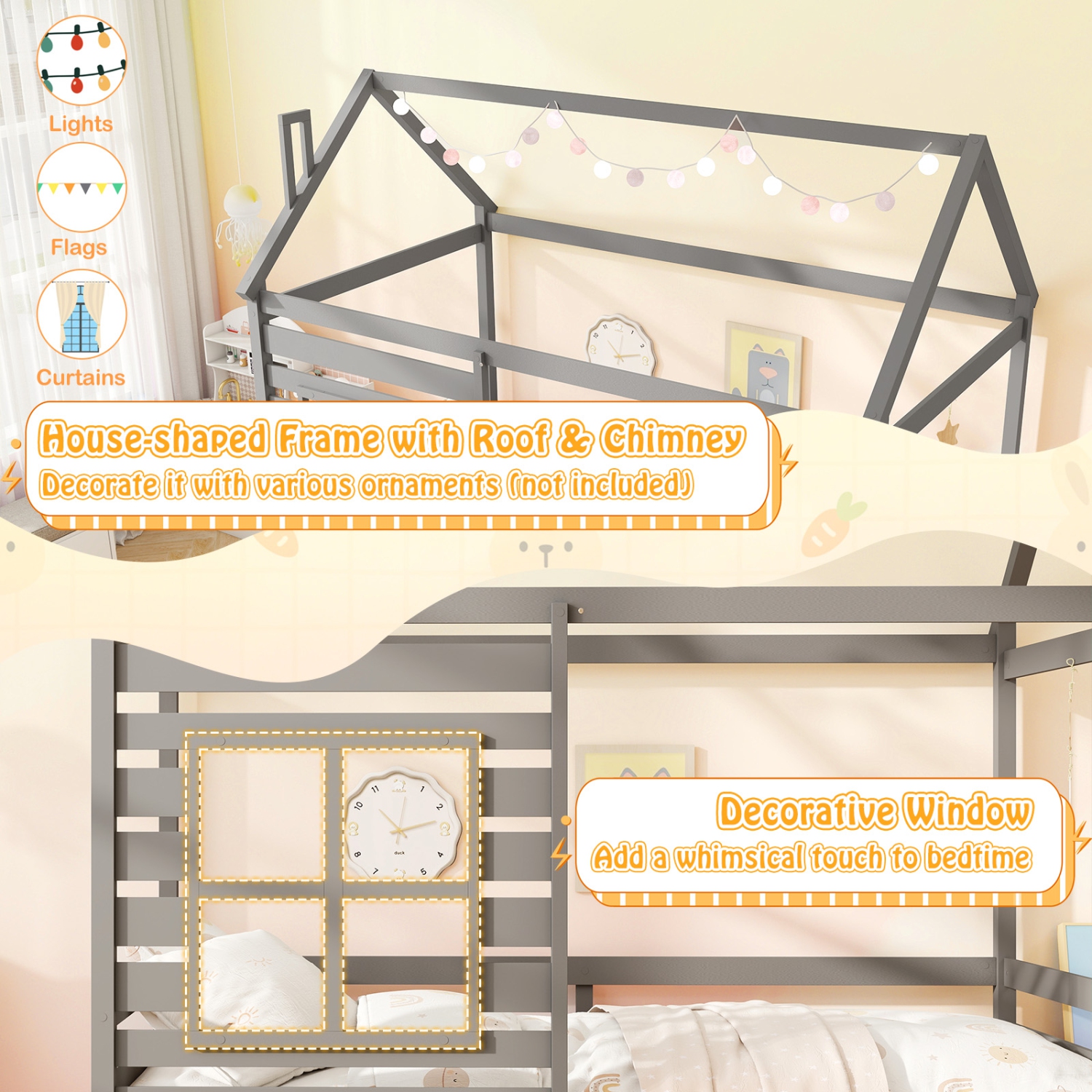 Gymax Twin Size House Bed with Trundle Wooden Platform Bed w/ Roof Chimney & Window