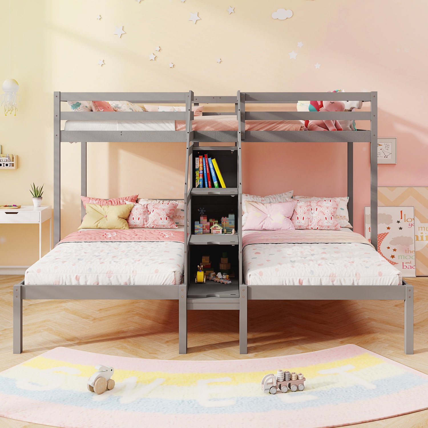 Gymax Wooden Twin Over Twin & Twin Bunk Bed w/ 4-Step Storage Staircase Guardrail