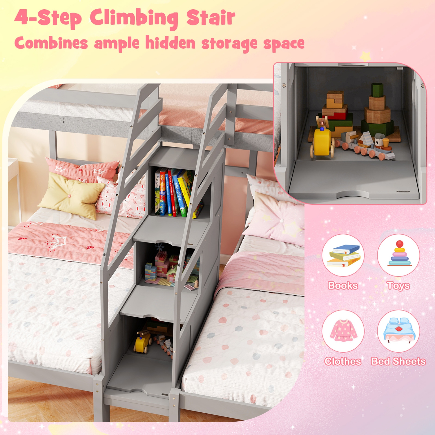 Gymax Wooden Twin Over Twin & Twin Bunk Bed w/ 4-Step Storage Staircase Guardrail