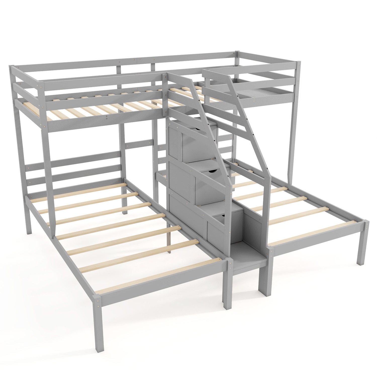 Gymax Wooden Twin Over Twin & Twin Bunk Bed w/ 4-Step Storage Staircase Guardrail