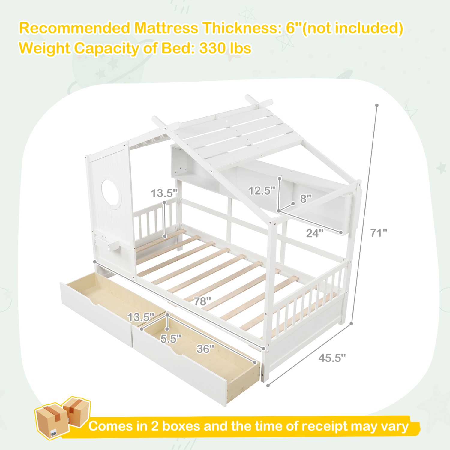Gymax Twin Size House Bed Kids Bed Frame w/ 2 Storage Drawers & Fence Guardrails