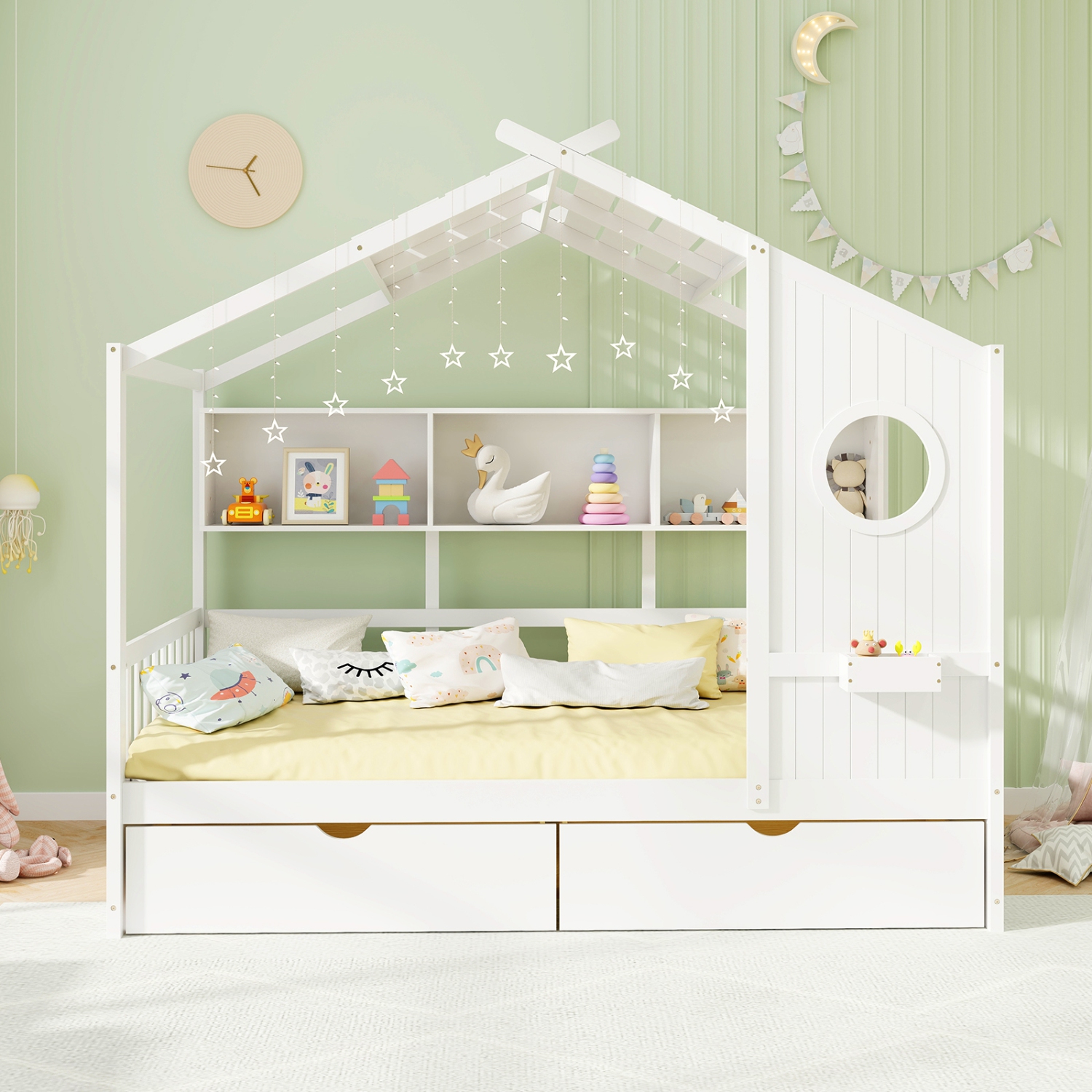 Gymax Twin Size House Bed Kids Bed Frame w/ 2 Storage Drawers & Fence Guardrails