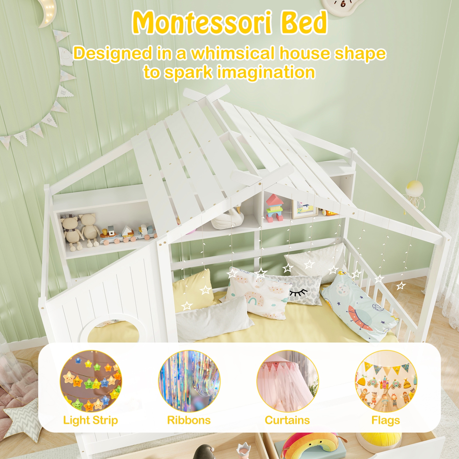 Gymax Twin Size House Bed Kids Bed Frame w/ 2 Storage Drawers & Fence Guardrails