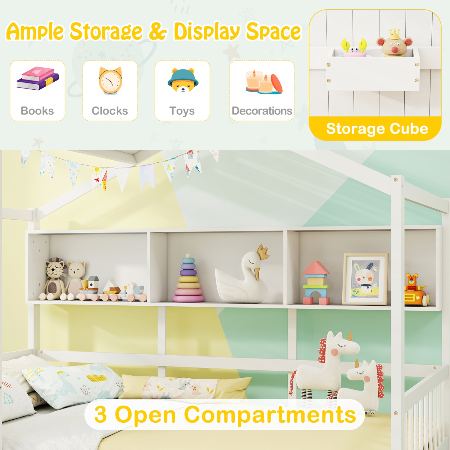 Gymax Twin Size House Bed Kids Bed Frame w/ 2 Storage Drawers & Fence Guardrails