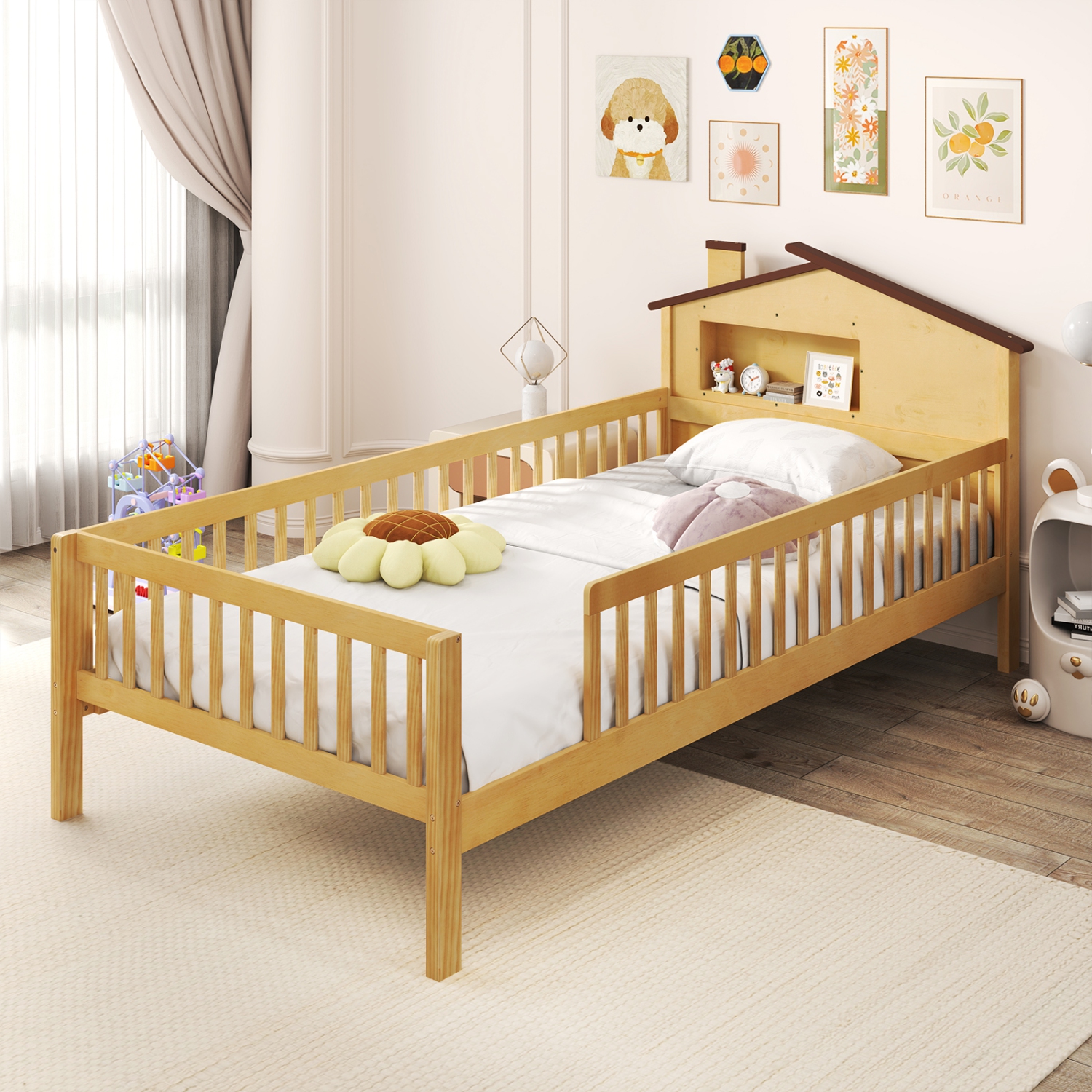 Gymax Twin Size Kids Bed Solid Wood Platform Bed w/ Under-bed Storage & Storage Cube