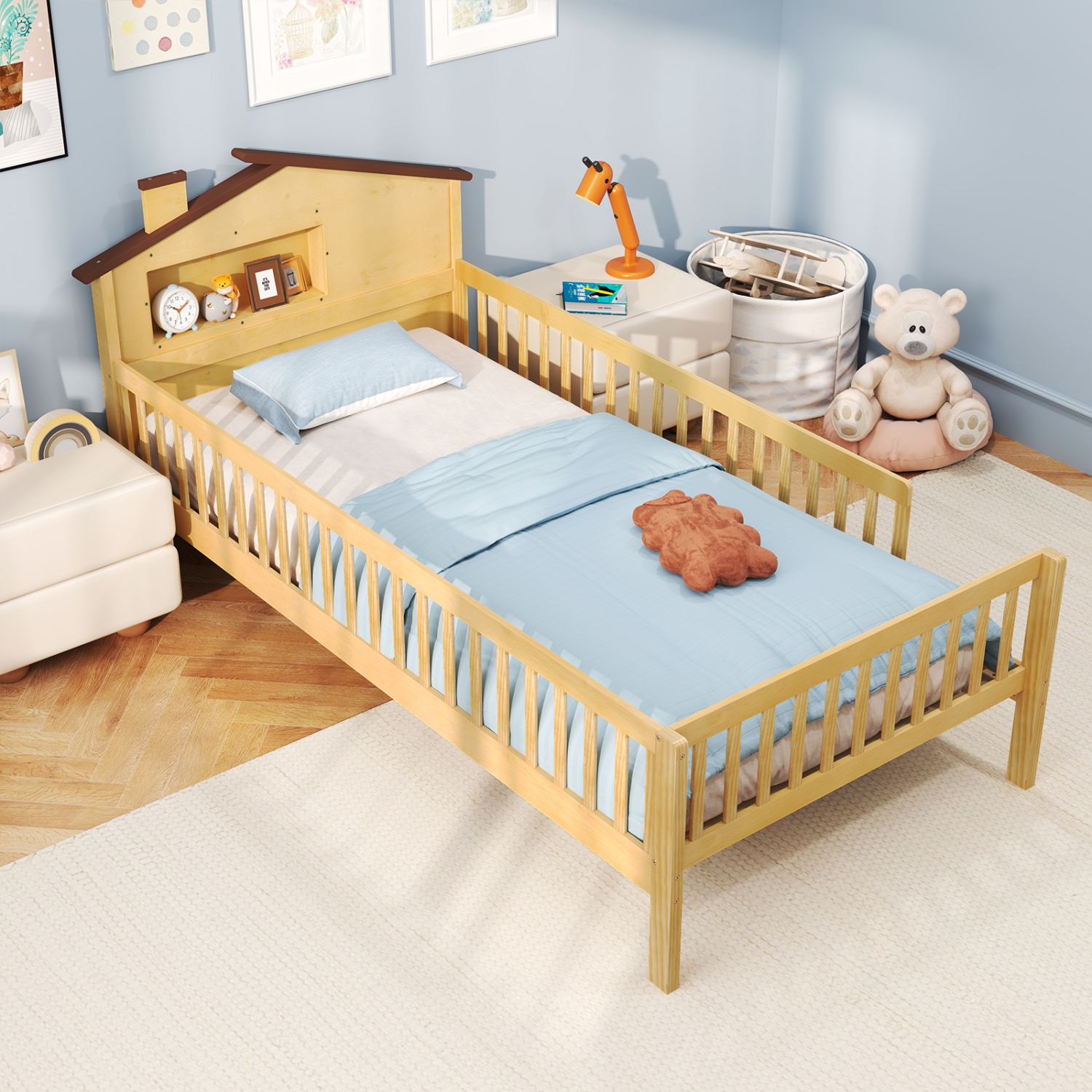 Gymax Twin Size Kids Bed Solid Wood Platform Bed w/ Under-bed Storage & Storage Cube