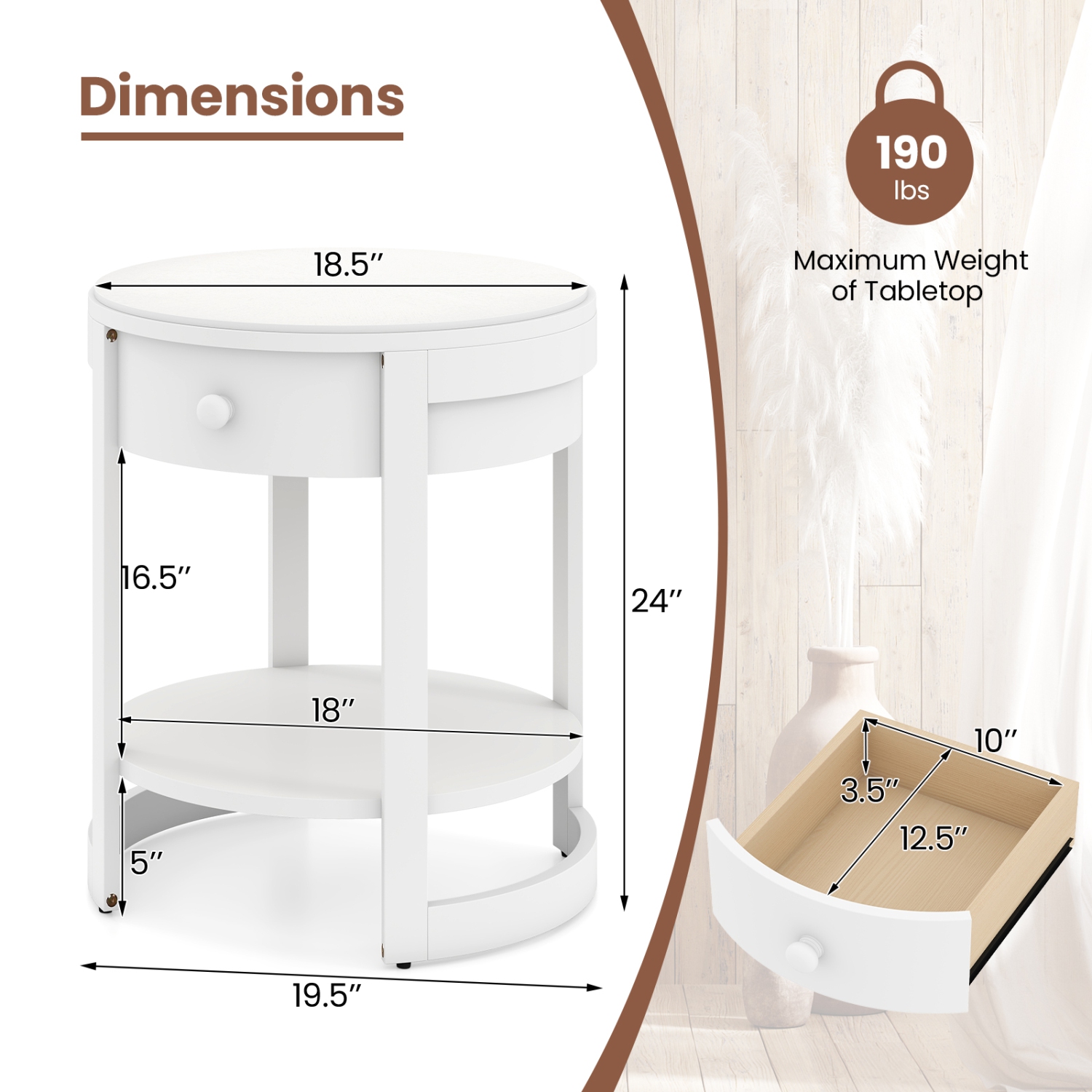 Gymax 2PCS Nightstand w/ Shelf & Wood Grains Drawer Round End Table for Living Room