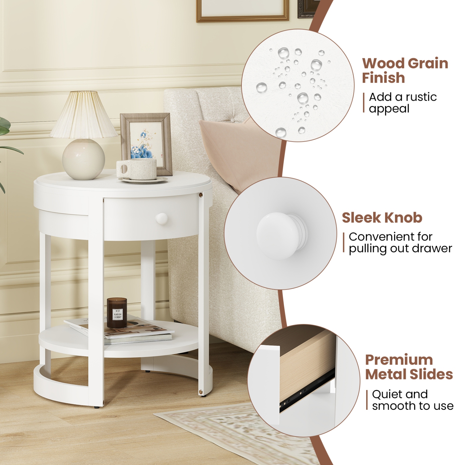 Gymax 2-Tier Nightstand w/ Shelf & Wood Grains Drawer Round End Table for Living Room