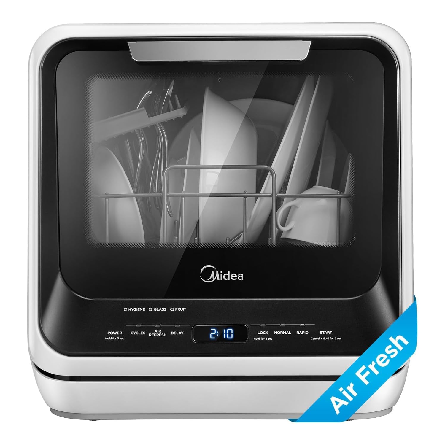 Midea Portable Countertop Mini 5L Built-in Water Tank, No Hookup Needed, 6 Programs, 360° Dual Spray, 162℉ High-Temp& Air-Refresh Function, Black