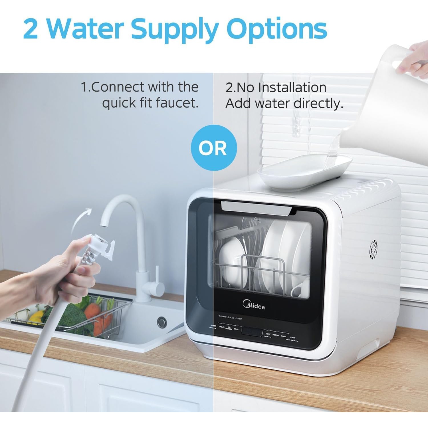 Midea Portable Countertop Mini 5L Built-in Water Tank, No Hookup Needed, 6 Programs, 360° Dual Spray, 162℉ High-Temp& Air-Refresh Function, Black