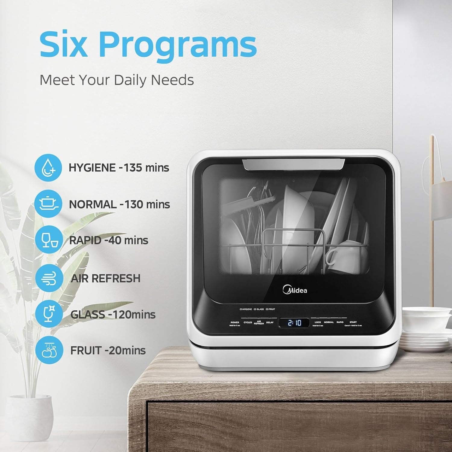 Midea Portable Countertop Mini 5L Built-in Water Tank, No Hookup Needed, 6 Programs, 360° Dual Spray, 162℉ High-Temp& Air-Refresh Function, Black