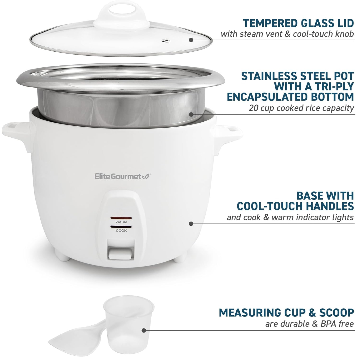 Elite Gourmet ERC-2020 Electric Rice Cooker with Stainless Steel Inner Pot Makes Soups, Stews, Grains, Cereals, Keep Warm Feature, 20 Cups Cooked,