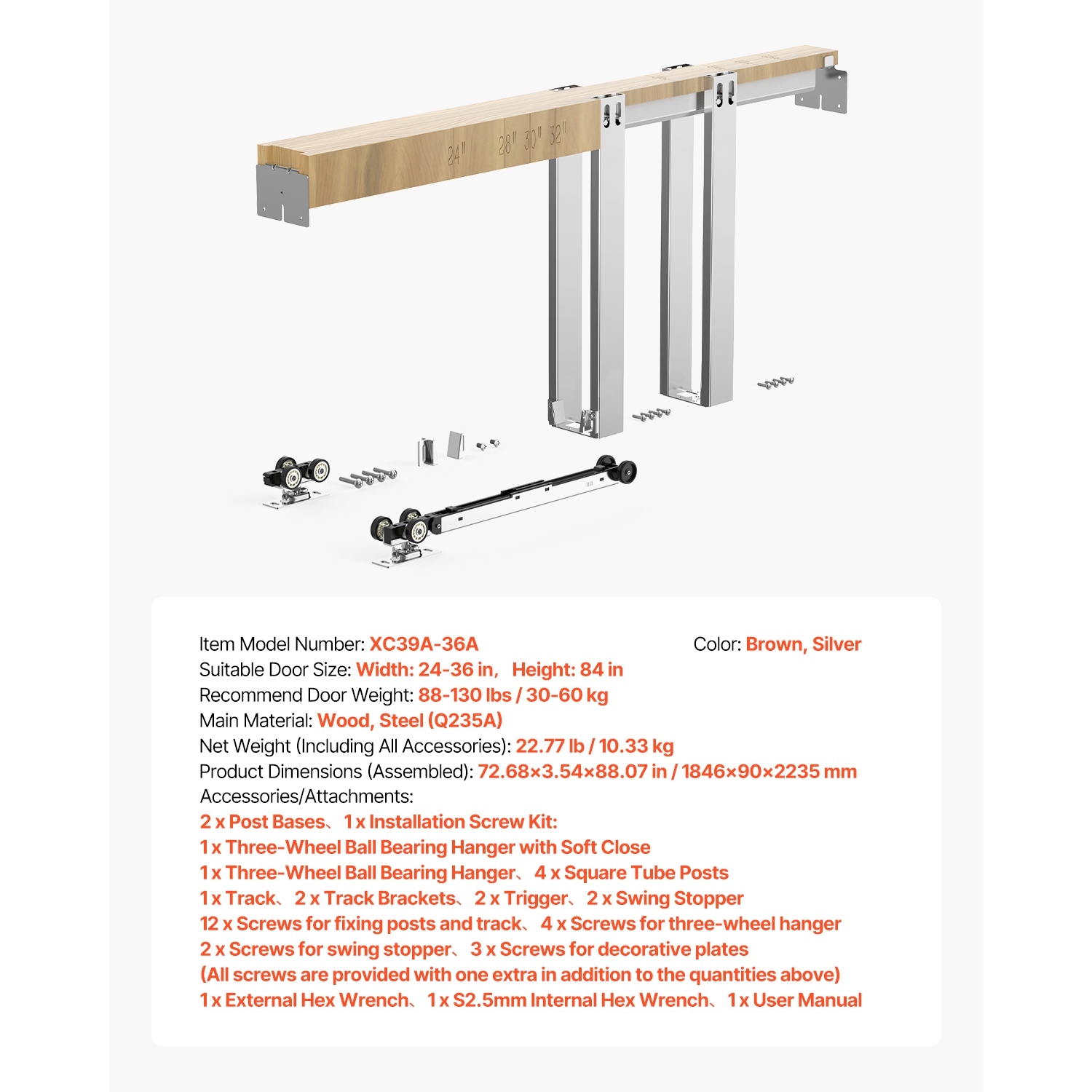 VEVOR Pocket Door Frame Kit, for 24-36 in Wide 84 in High Door, Pocket Door Kit with Two-Way Soft Close Mechanism, Slide Smoothly Quietly, Easy to