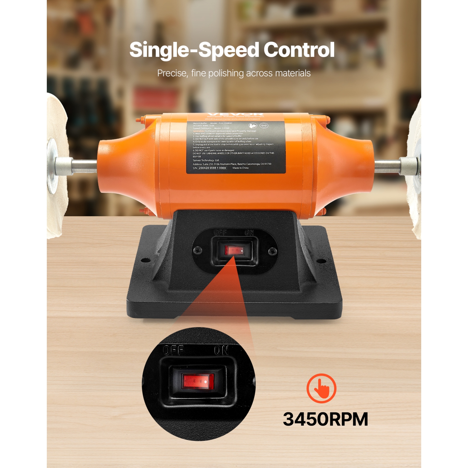 Polisseuse d'établi VEVOR 1/2, polisseuse d'établi de 6&nbsp;po, polisseuse de paillasse à une vitesse 3450&nbsp;tr/min avec roues en tissu de 2