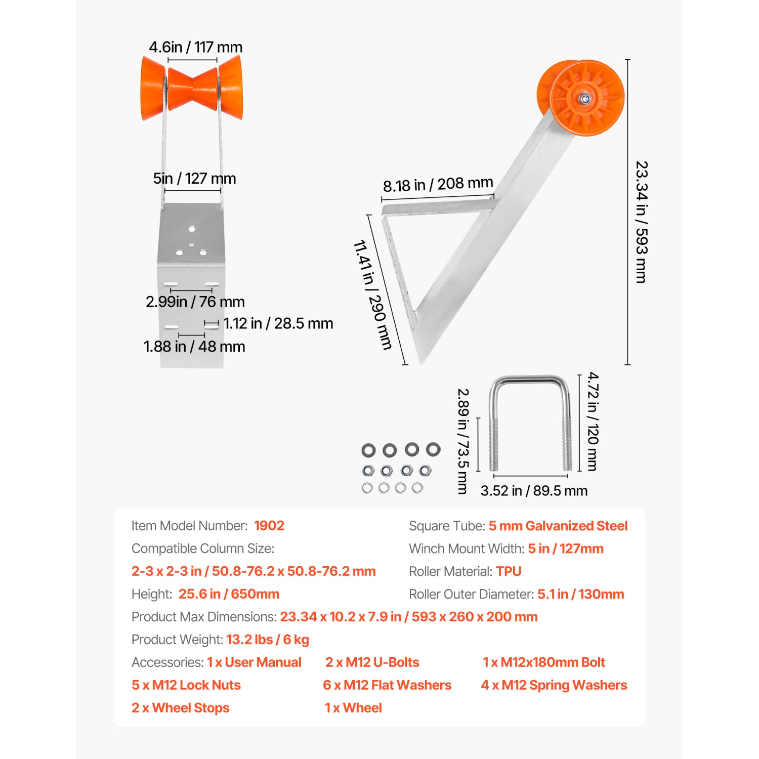 VEVOR Boat Trailer Winch Stand, 2 to 3-inch Winch Posts, Boat Trailer Winch Seat with TPU Orange Roller & U-Bolts, Suitable for Jet Ski, Sailboat,