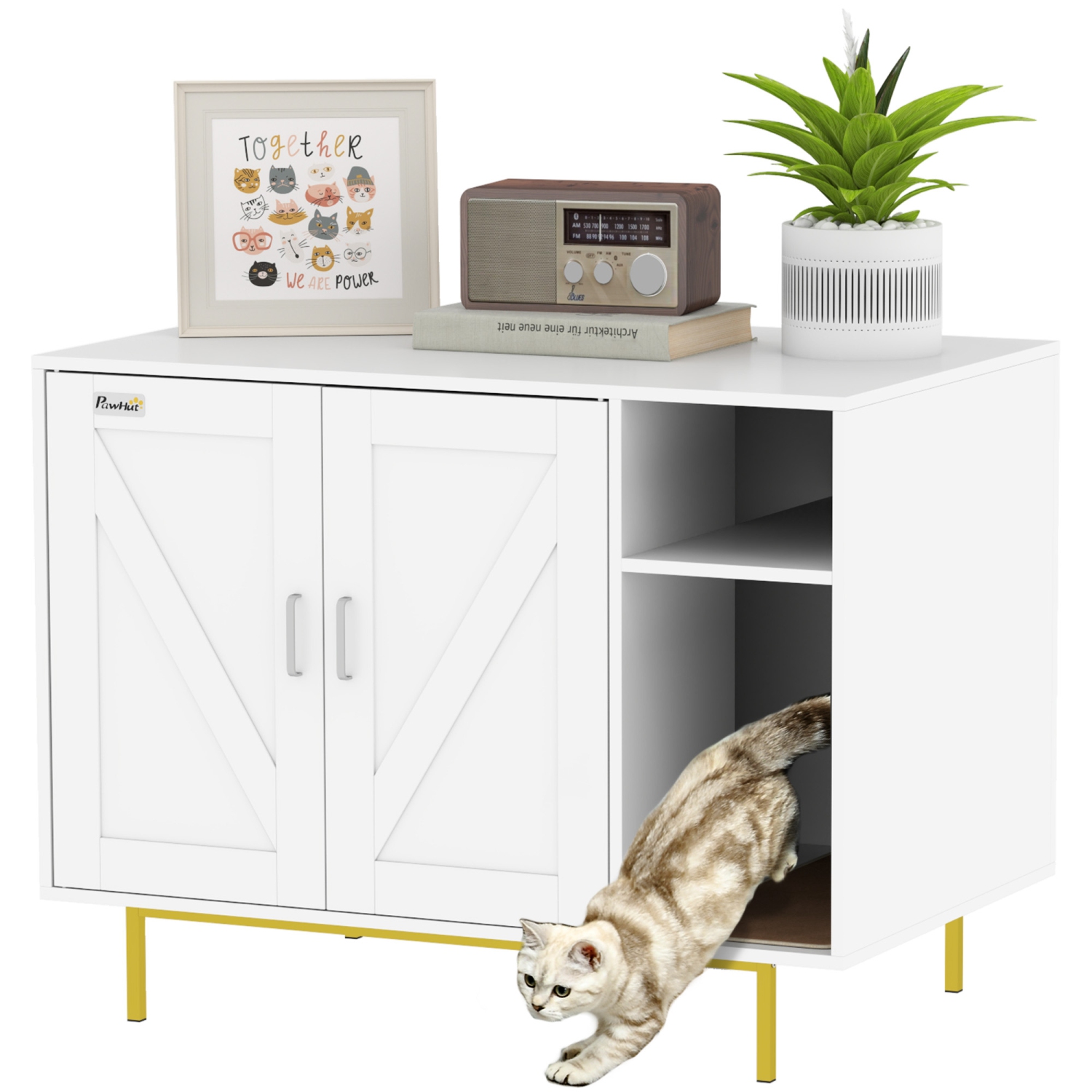 PawHut – Bac à litière pour chats, meuble à litière avec rayure, armoire de rangement à 2 portes, maison pour chats intérieure pour le salon, chambre
