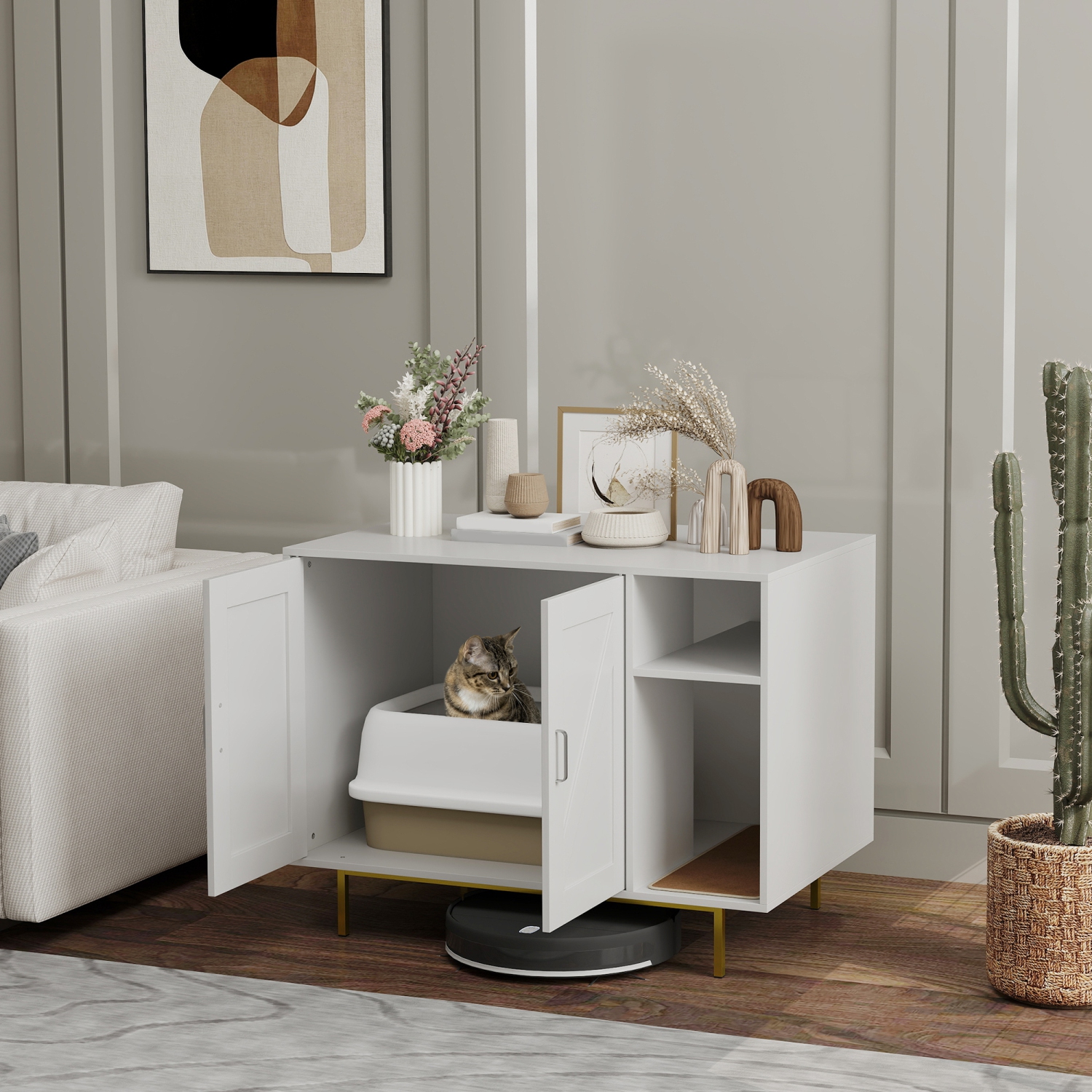 PawHut – Bac à litière pour chats, meuble à litière avec rayure, armoire de rangement à 2 portes, maison pour chats intérieure pour le salon, chambre