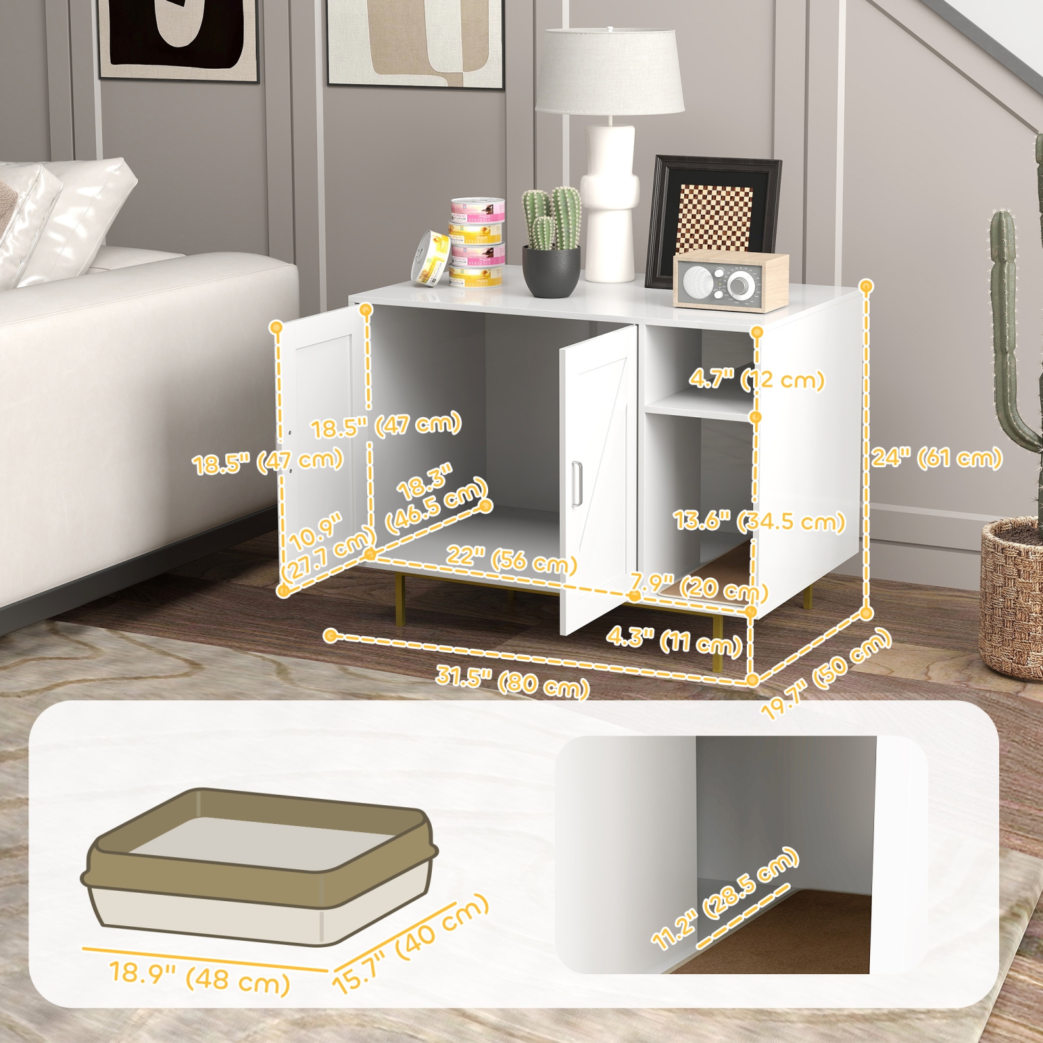 PawHut – Bac à litière pour chats, meuble à litière avec rayure, armoire de rangement à 2 portes, maison pour chats intérieure pour le salon, chambre