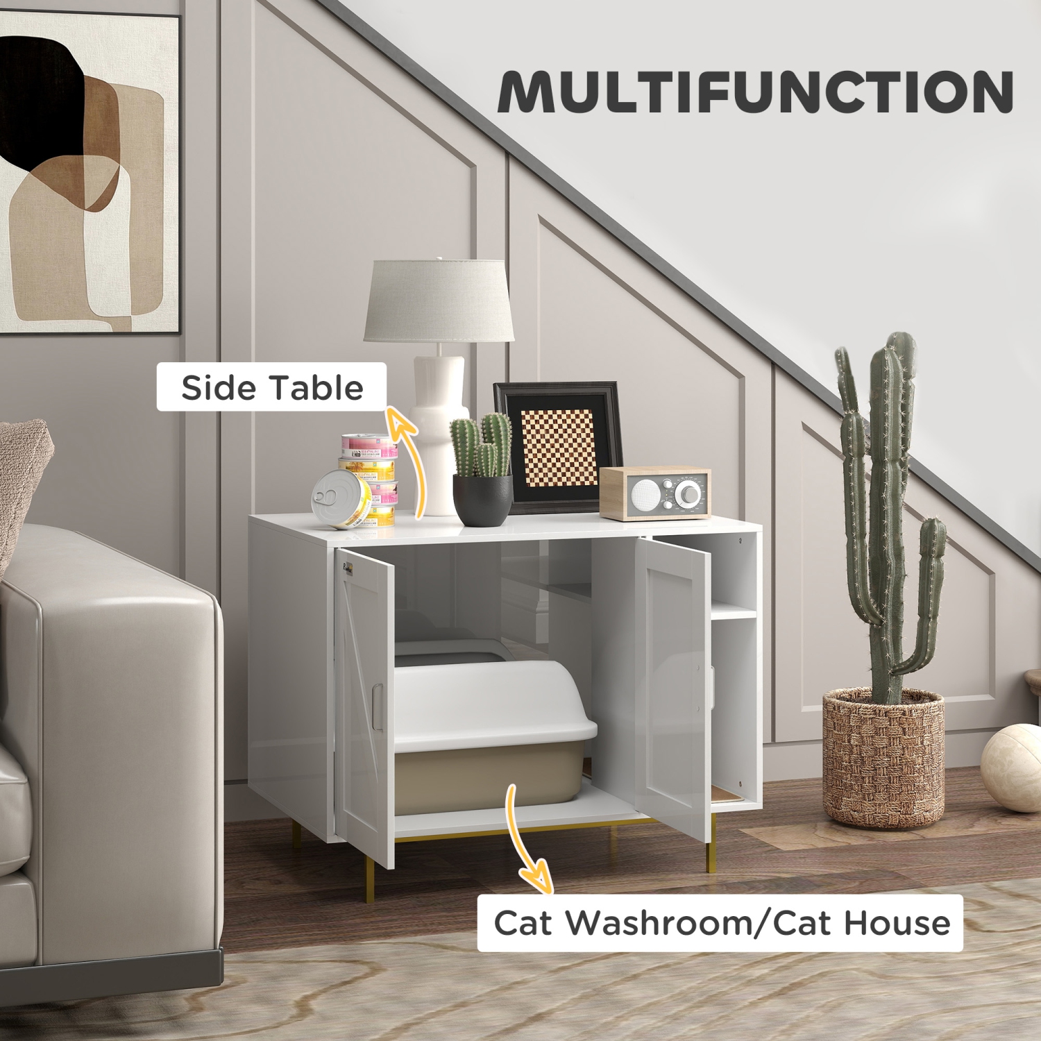 PawHut – Bac à litière pour chats, meuble à litière avec rayure, armoire de rangement à 2 portes, maison pour chats intérieure pour le salon, chambre
