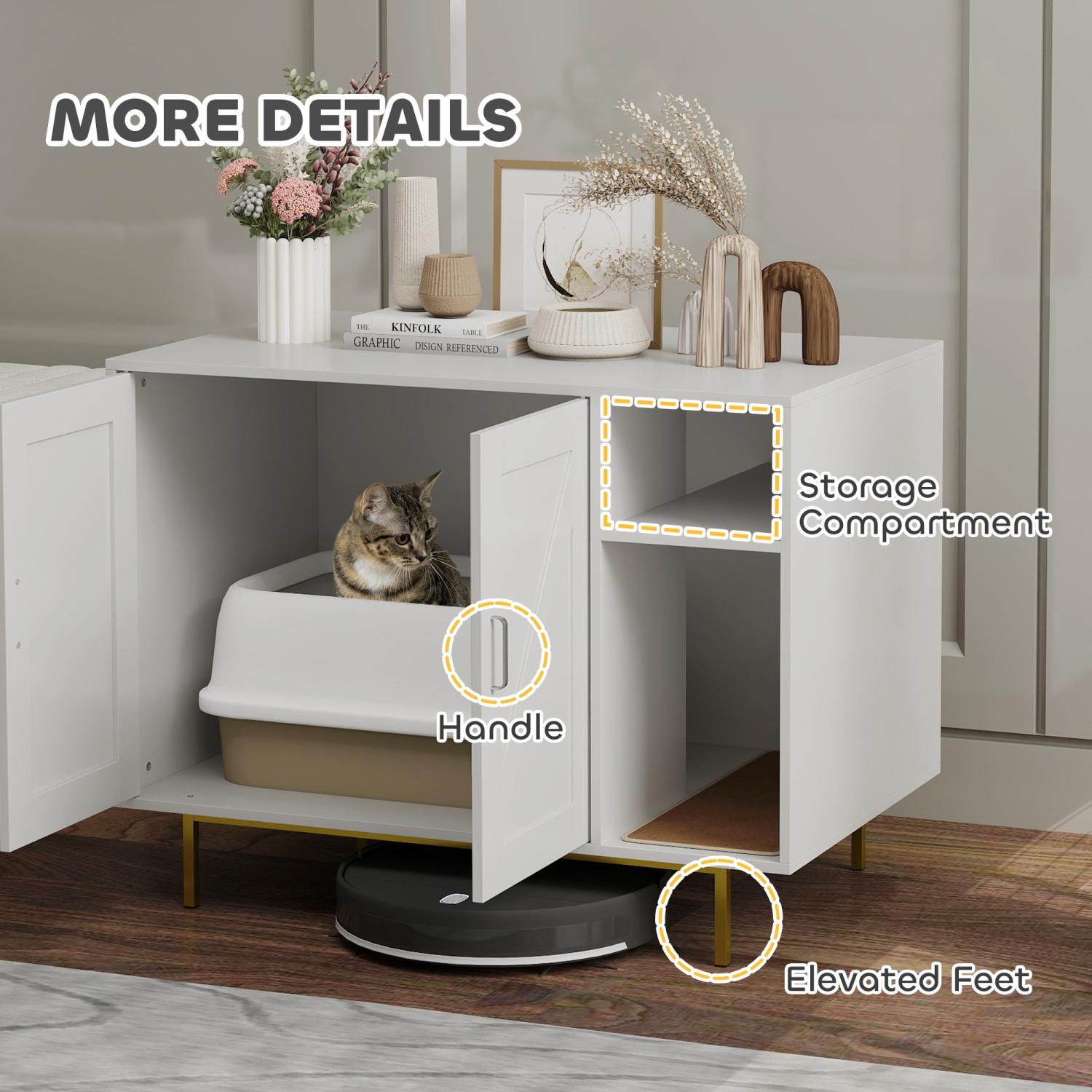 PawHut – Bac à litière pour chats, meuble à litière avec rayure, armoire de rangement à 2 portes, maison pour chats intérieure pour le salon, chambre