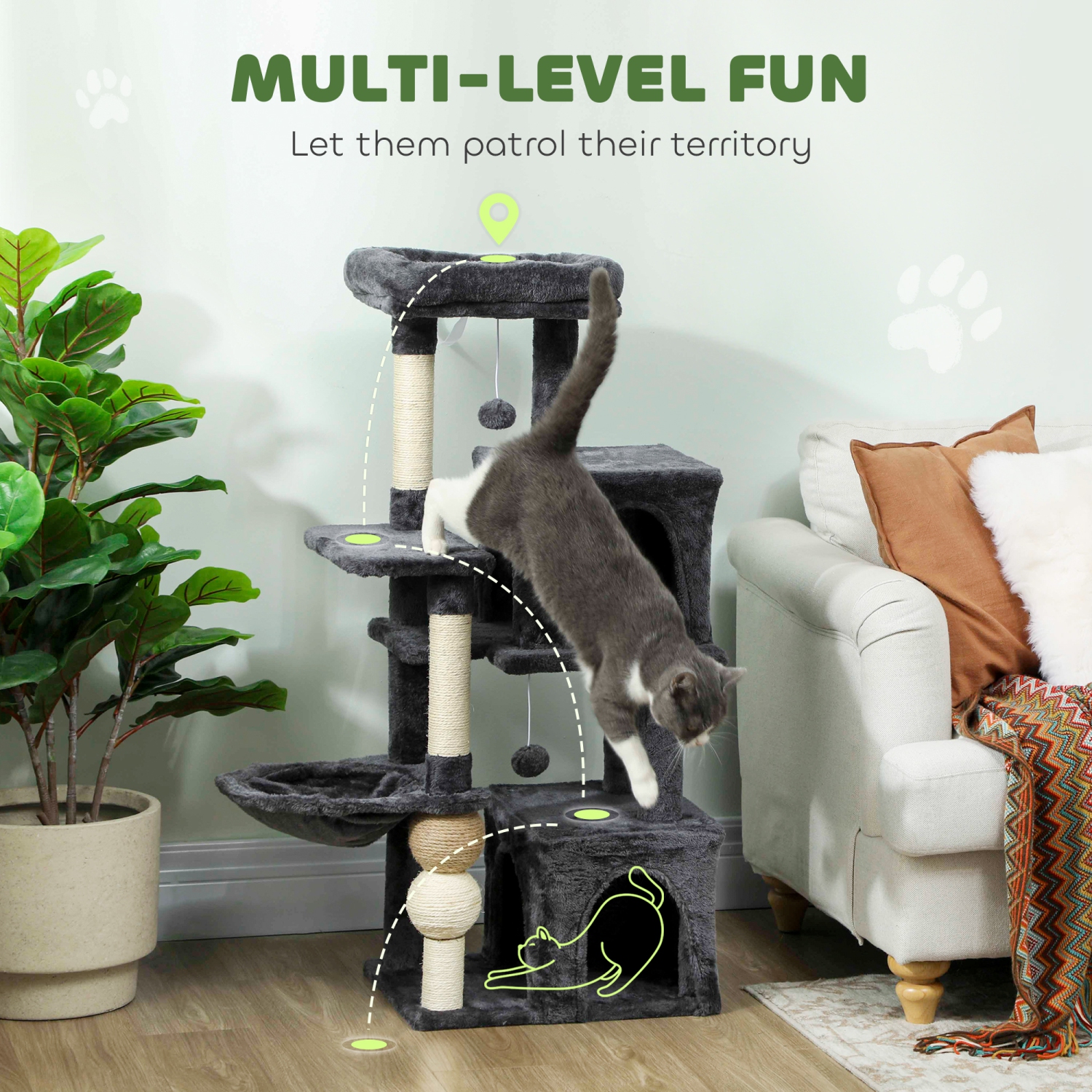PawHut Cat Tree, 42" Cat Tower for Indoor Cats Multi-Level with Padded Plush Perch, Cozy Hammock, 2 Door Condos, Scratching Posts, Toy Balls, Dark