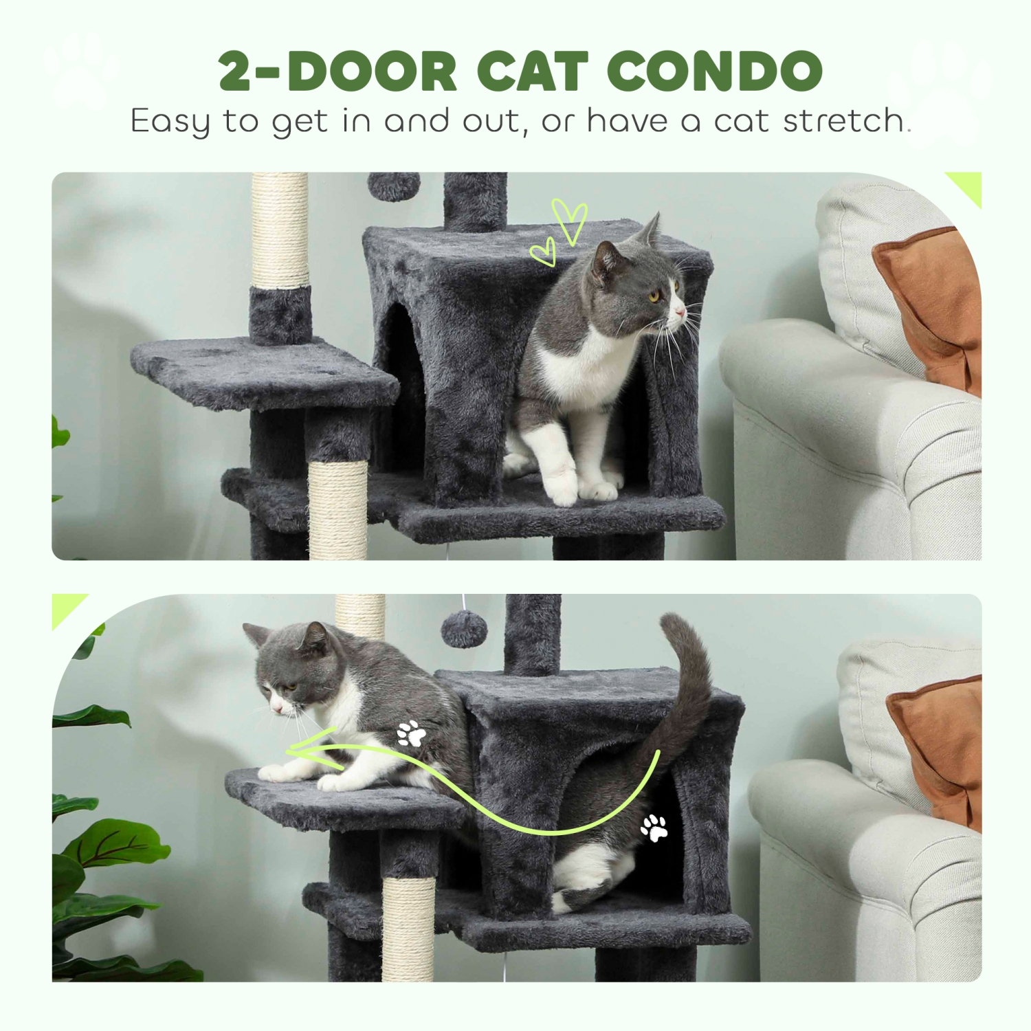 PawHut Cat Tree, 42" Cat Tower for Indoor Cats Multi-Level with Padded Plush Perch, Cozy Hammock, 2 Door Condos, Scratching Posts, Toy Balls, Dark