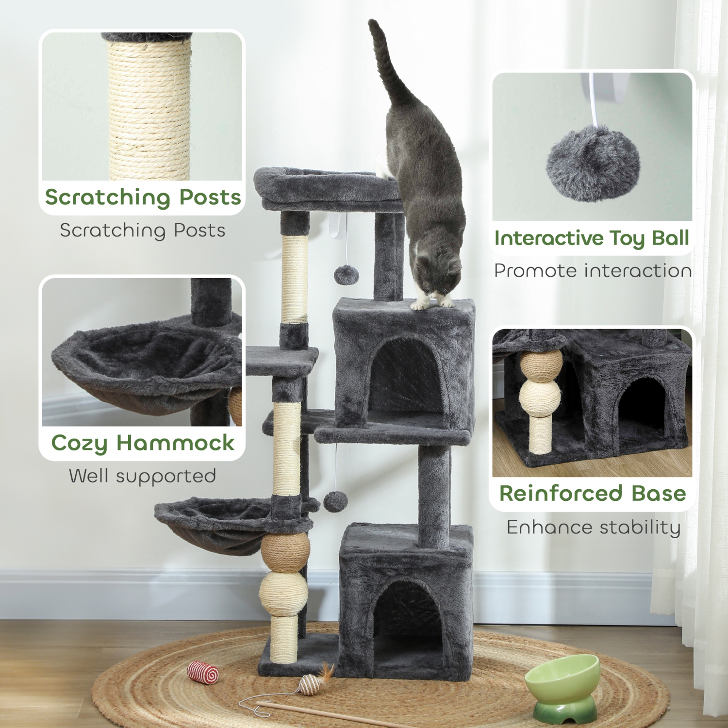 PawHut Cat Tree, 42" Cat Tower for Indoor Cats Multi-Level with Padded Plush Perch, Cozy Hammock, 2 Door Condos, Scratching Posts, Toy Balls, Dark