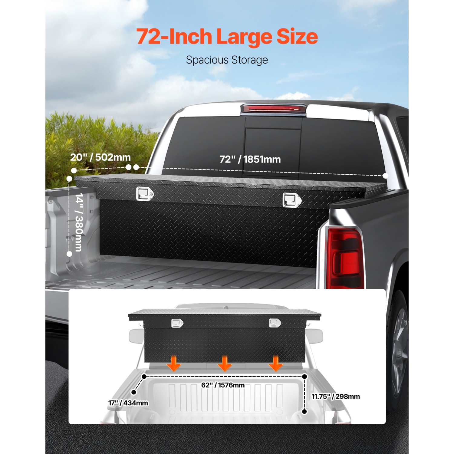 VEVOR 72x20x14 In Crossover Truck Tool Box, Heavy Duty Aluminum Toolbox with Diamond Texture, Pick Up Truck Bed RV Trailer Toolbox, Waterproof