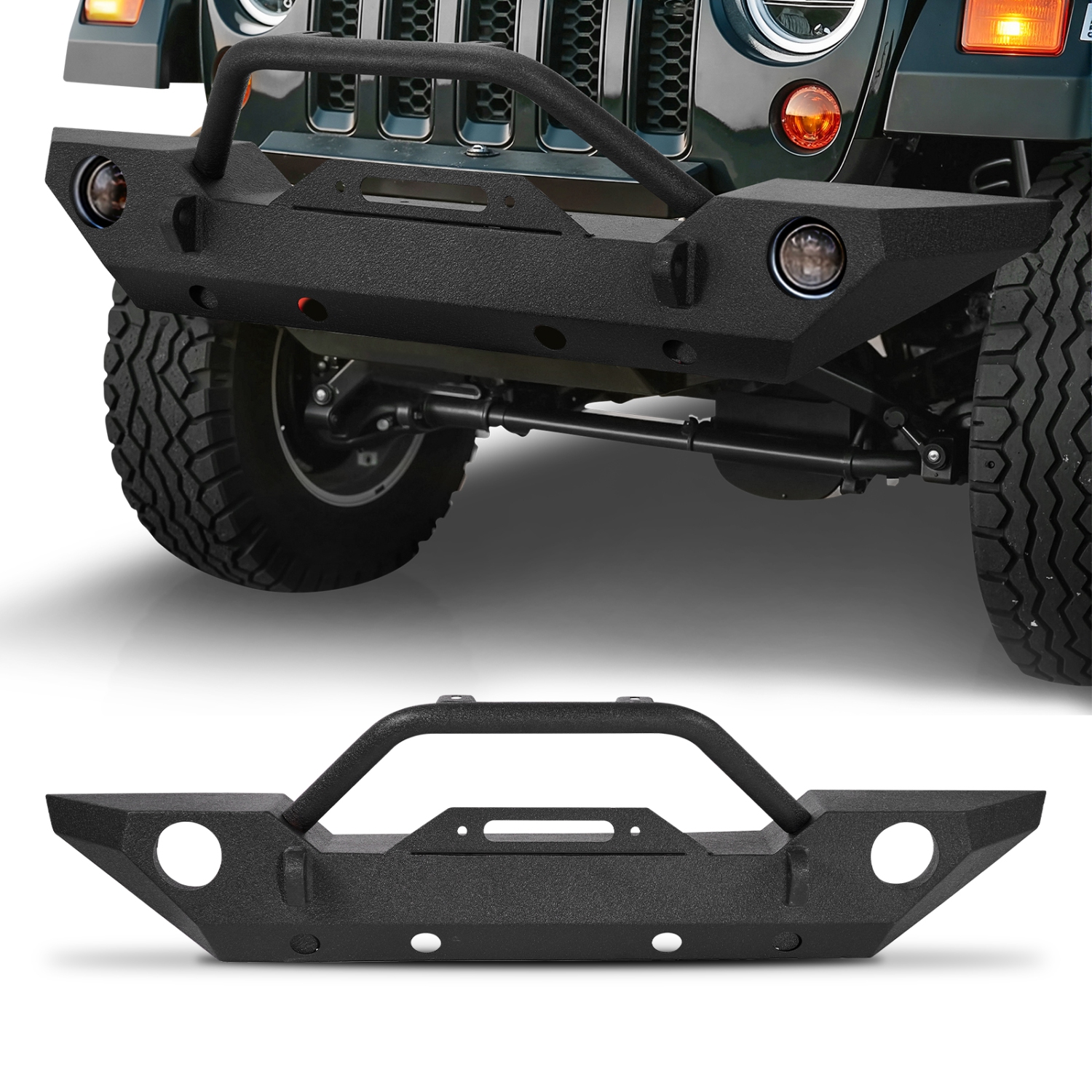 VEVOR Front Bumper Compatible with 2007-2018 Wrangler JK/JKU - with Winch Plate, D-Ring Mounts & Fog Light Housing, Heavy-Duty Steel Front Bumper