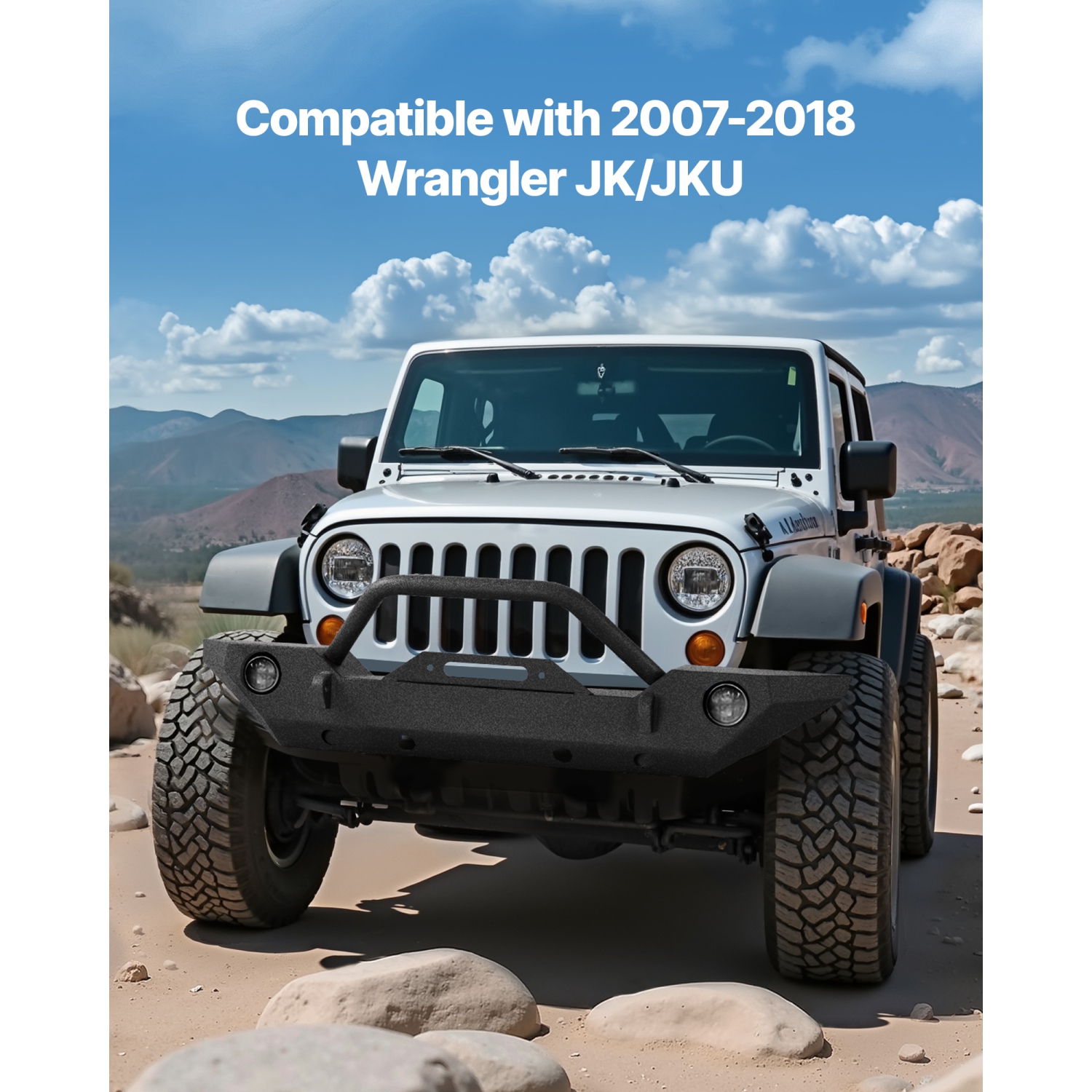 VEVOR Front Bumper Compatible with 2007-2018 Wrangler JK/JKU - with Winch Plate, D-Ring Mounts & Fog Light Housing, Heavy-Duty Steel Front Bumper