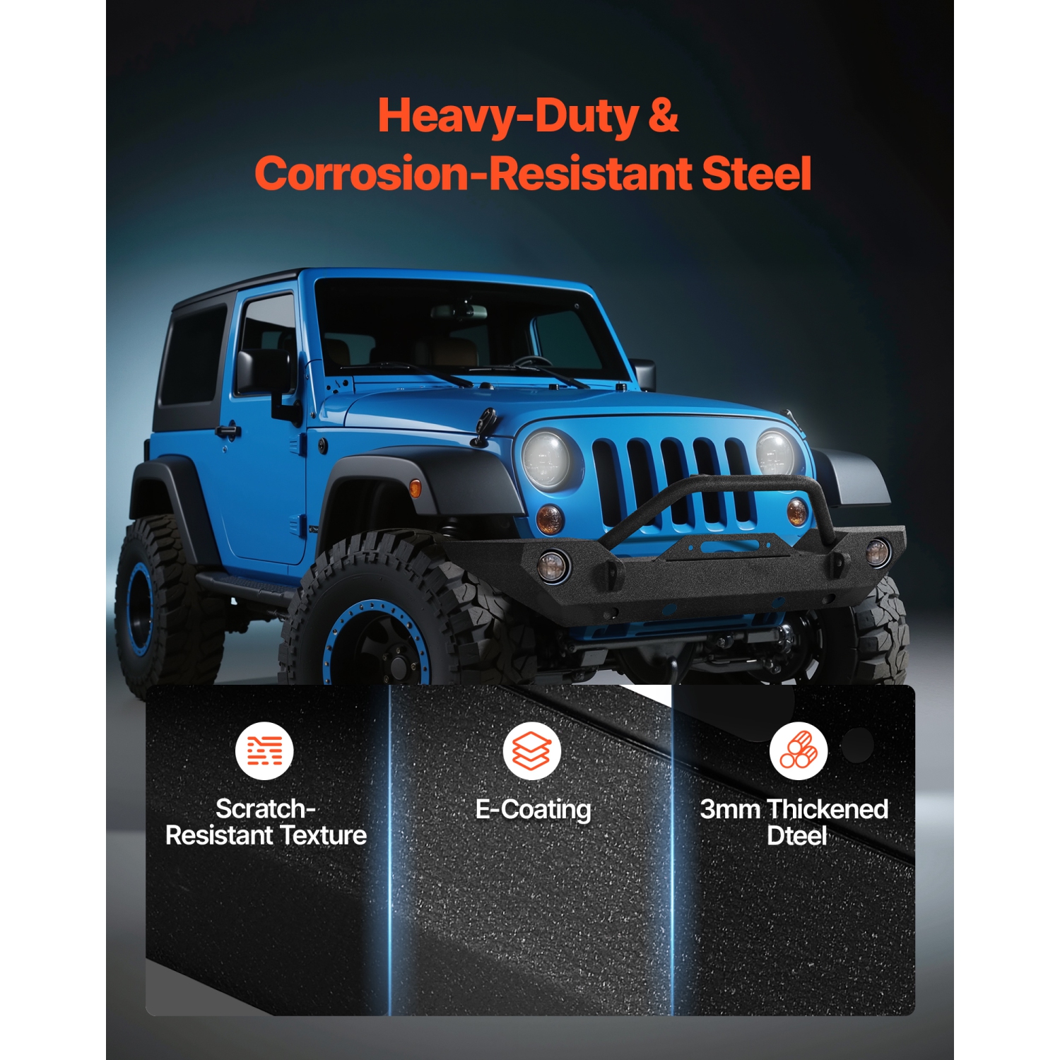 VEVOR Front Bumper Compatible with 2007-2018 Wrangler JK/JKU - with Winch Plate, D-Ring Mounts & Fog Light Housing, Heavy-Duty Steel Front Bumper