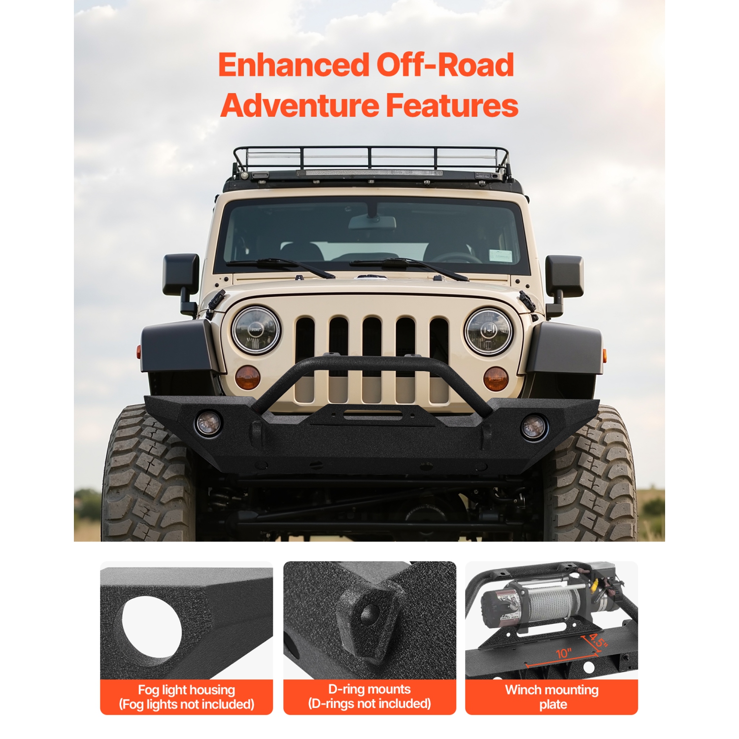VEVOR Front Bumper Compatible with 2007-2018 Wrangler JK/JKU - with Winch Plate, D-Ring Mounts & Fog Light Housing, Heavy-Duty Steel Front Bumper
