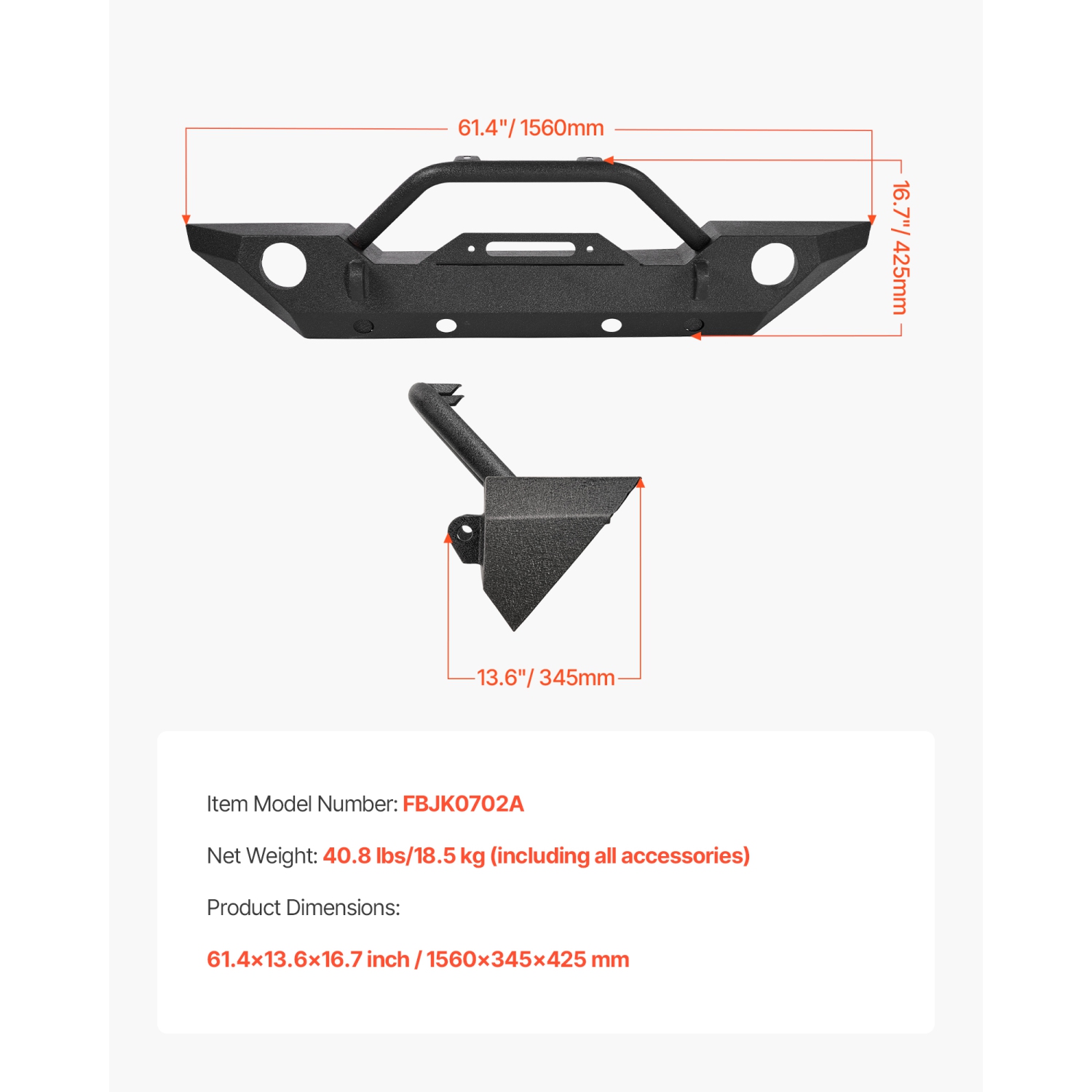 VEVOR Front Bumper Compatible with 2007-2018 Wrangler JK/JKU - with Winch Plate, D-Ring Mounts & Fog Light Housing, Heavy-Duty Steel Front Bumper